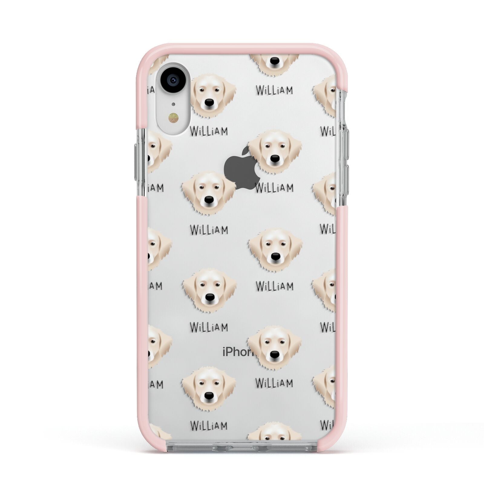 Hungarian Kuvasz Icon with Name Apple iPhone XR Impact Case Pink Edge on Silver Phone
