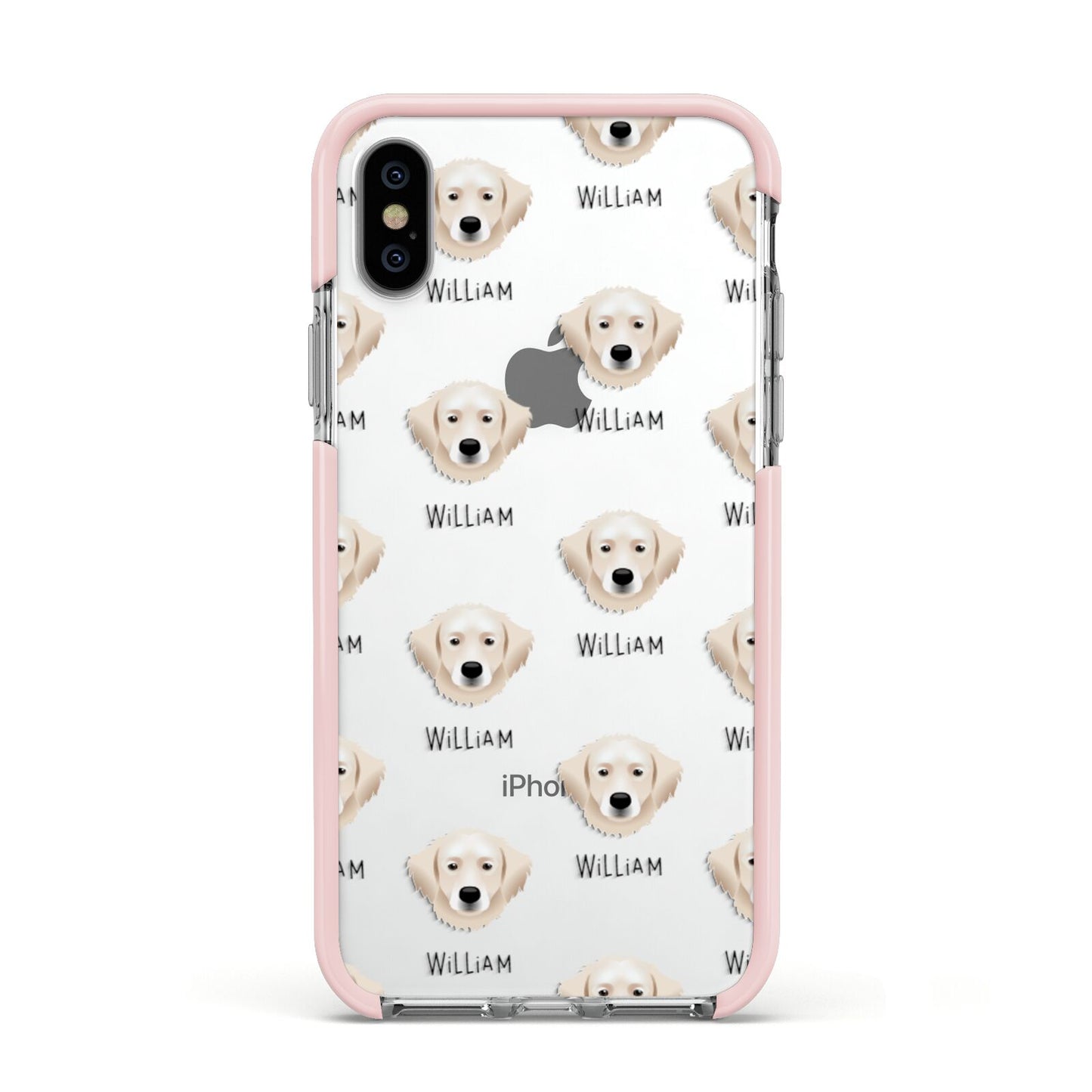 Hungarian Kuvasz Icon with Name Apple iPhone Xs Impact Case Pink Edge on Silver Phone