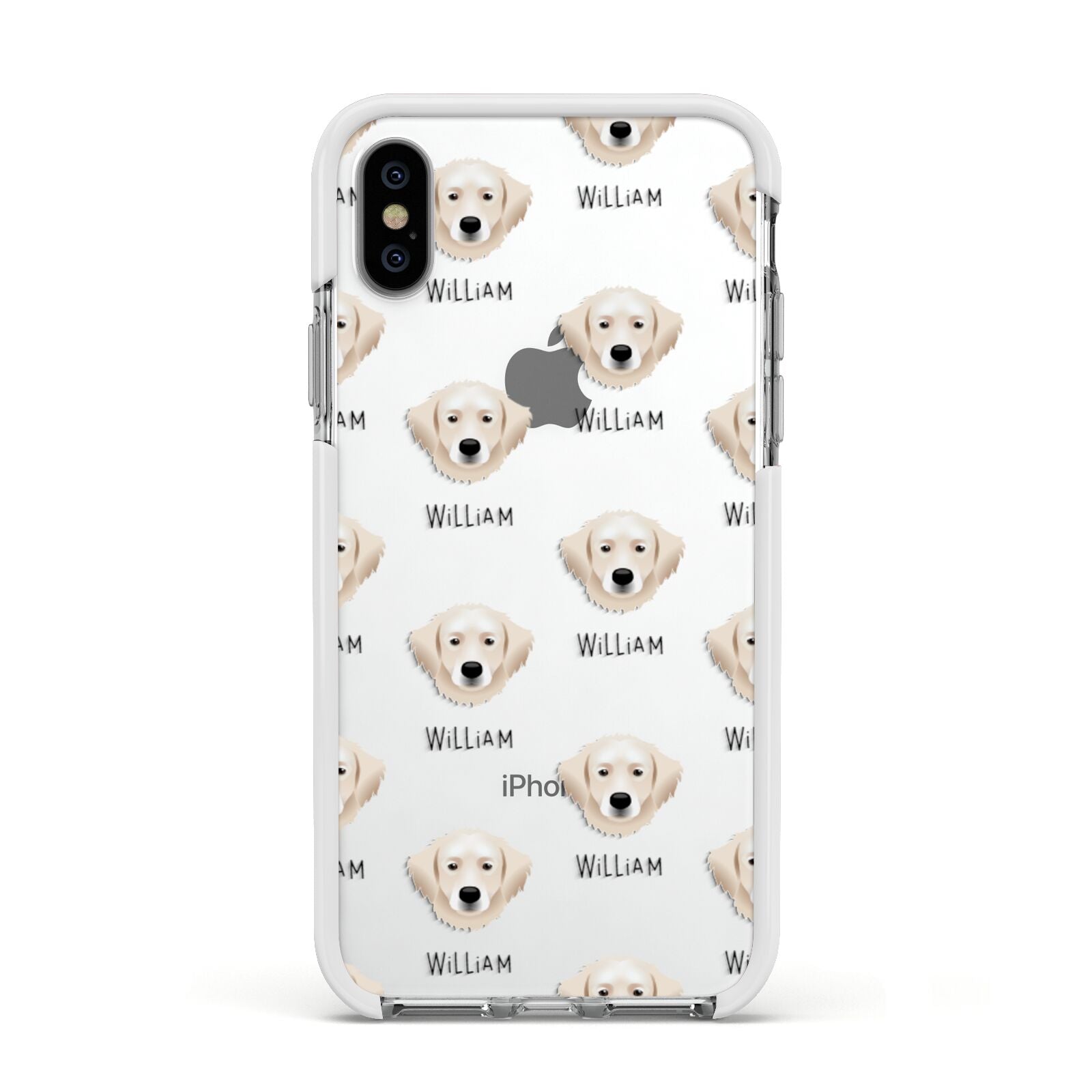 Hungarian Kuvasz Icon with Name Apple iPhone Xs Impact Case White Edge on Silver Phone