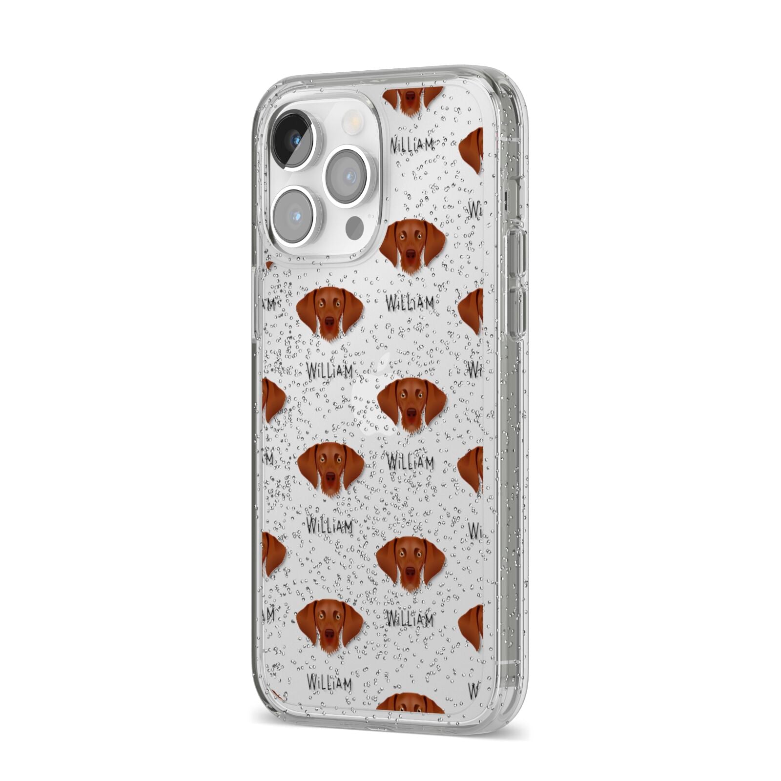 Hungarian Vizsla Icon with Name iPhone 14 Pro Max Glitter Tough Case Silver Angled Image
