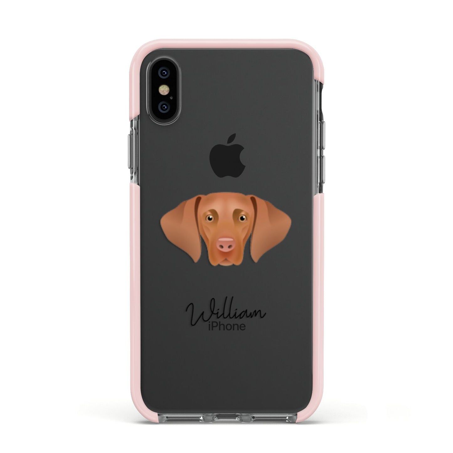 Hungarian Vizsla Personalised Apple iPhone Xs Impact Case Pink Edge on Black Phone