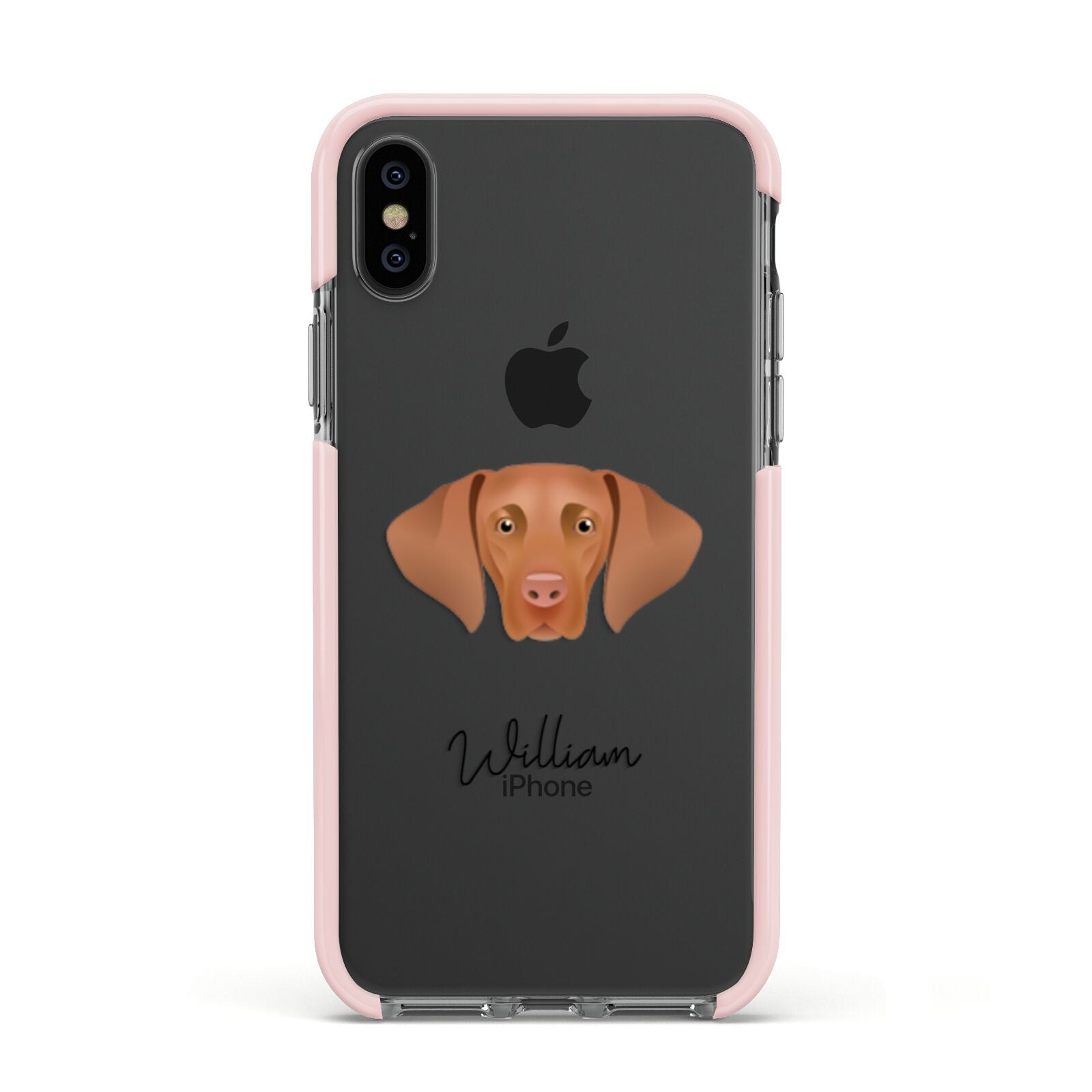 Hungarian Vizsla Personalised Apple iPhone Xs Impact Case Pink Edge on Black Phone