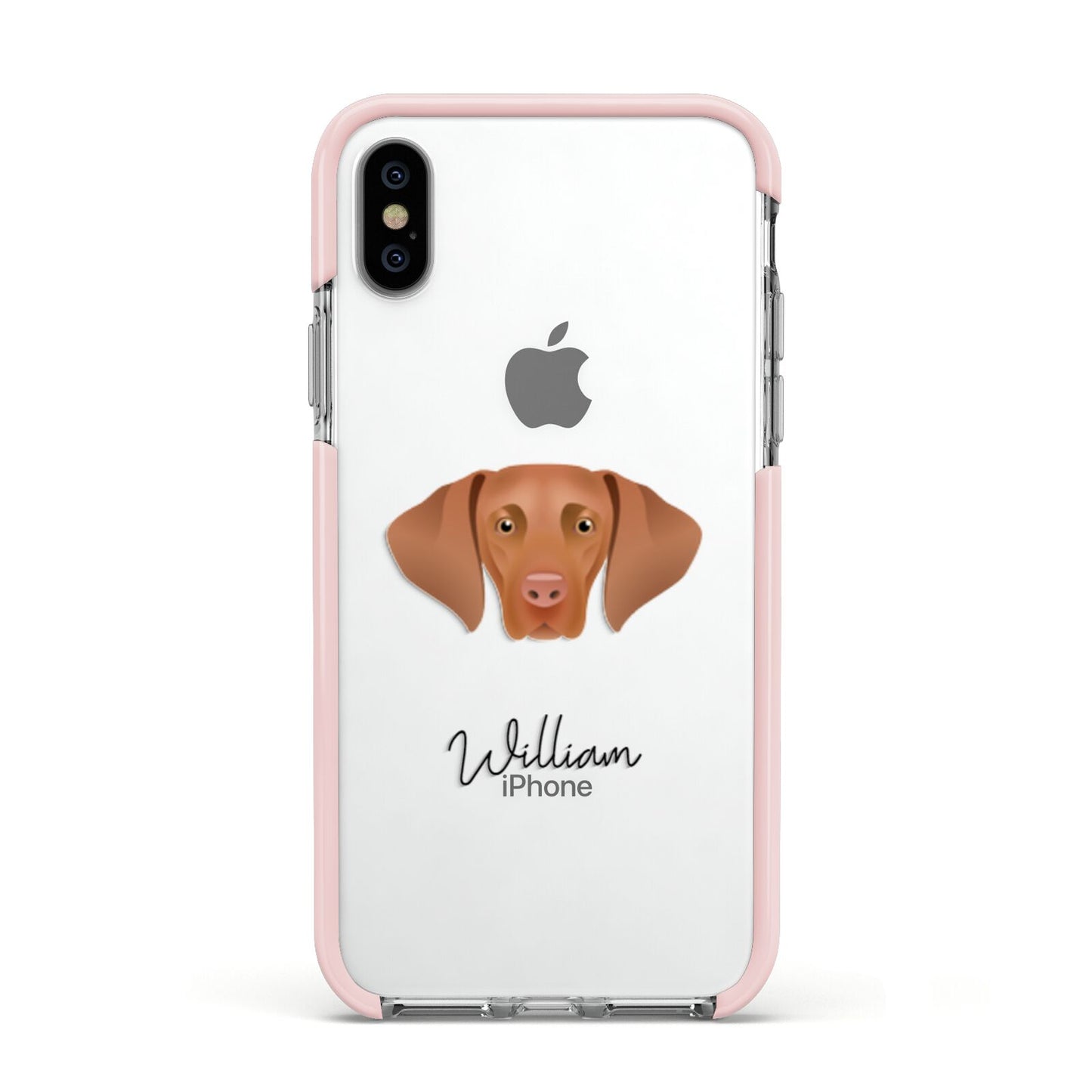 Hungarian Vizsla Personalised Apple iPhone Xs Impact Case Pink Edge on Silver Phone