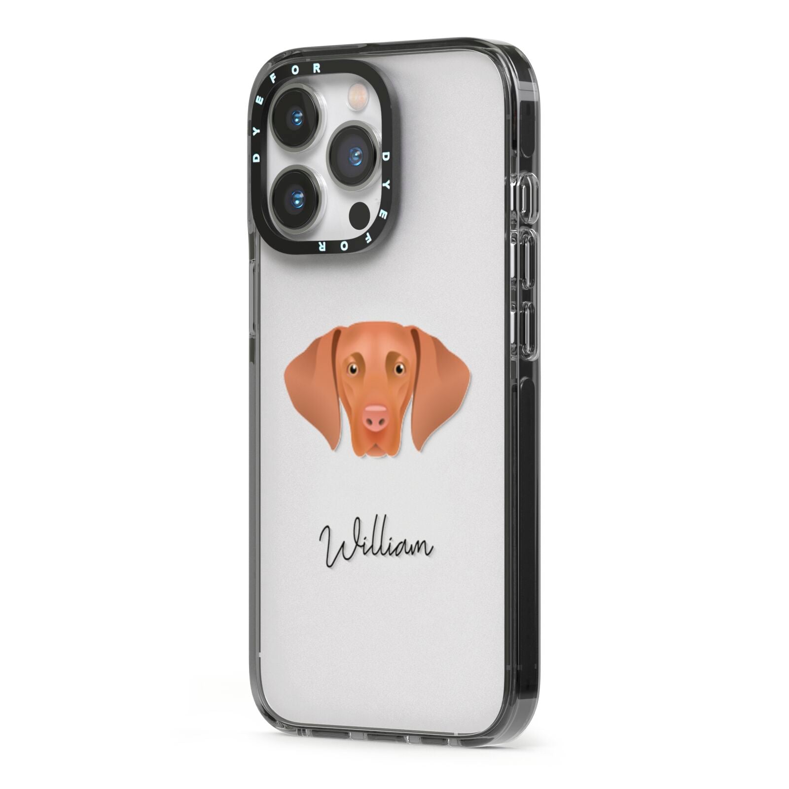 Hungarian Vizsla Personalised iPhone 13 Pro Black Impact Case Side Angle on Silver phone