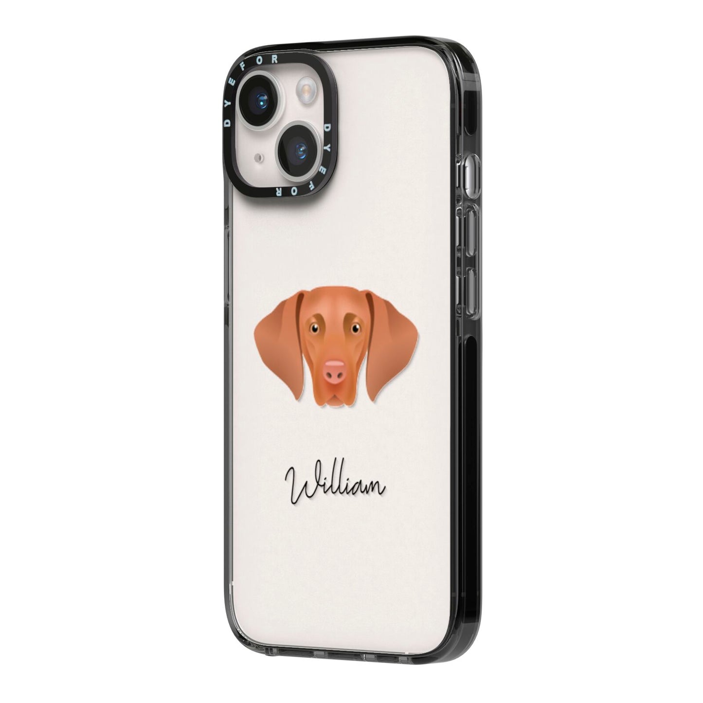 Hungarian Vizsla Personalised iPhone 14 Black Impact Case Side Angle on Silver phone