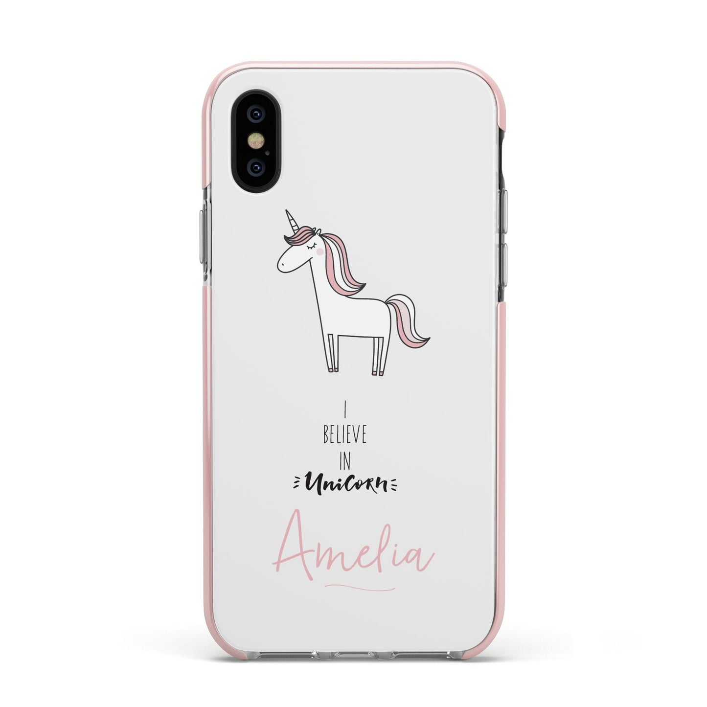 I Believe in Unicorn Apple iPhone Xs Impact Case Pink Edge on Black Phone