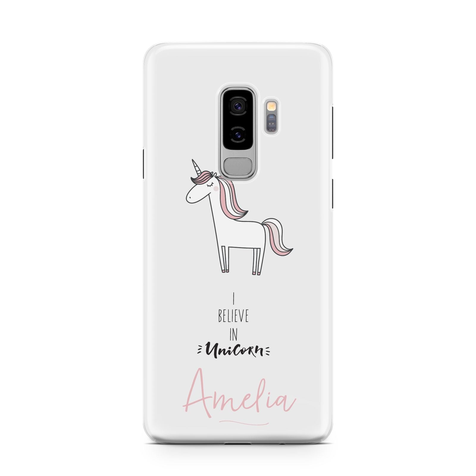 I Believe in Unicorn Samsung Galaxy S9 Plus Case on Silver phone