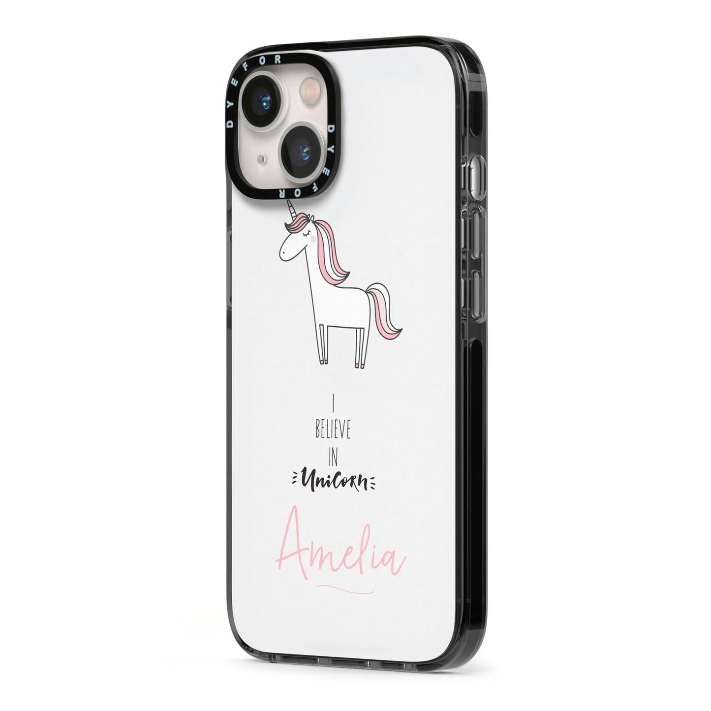I Believe in Unicorn iPhone 13 Black Impact Case Side Angle on Silver phone