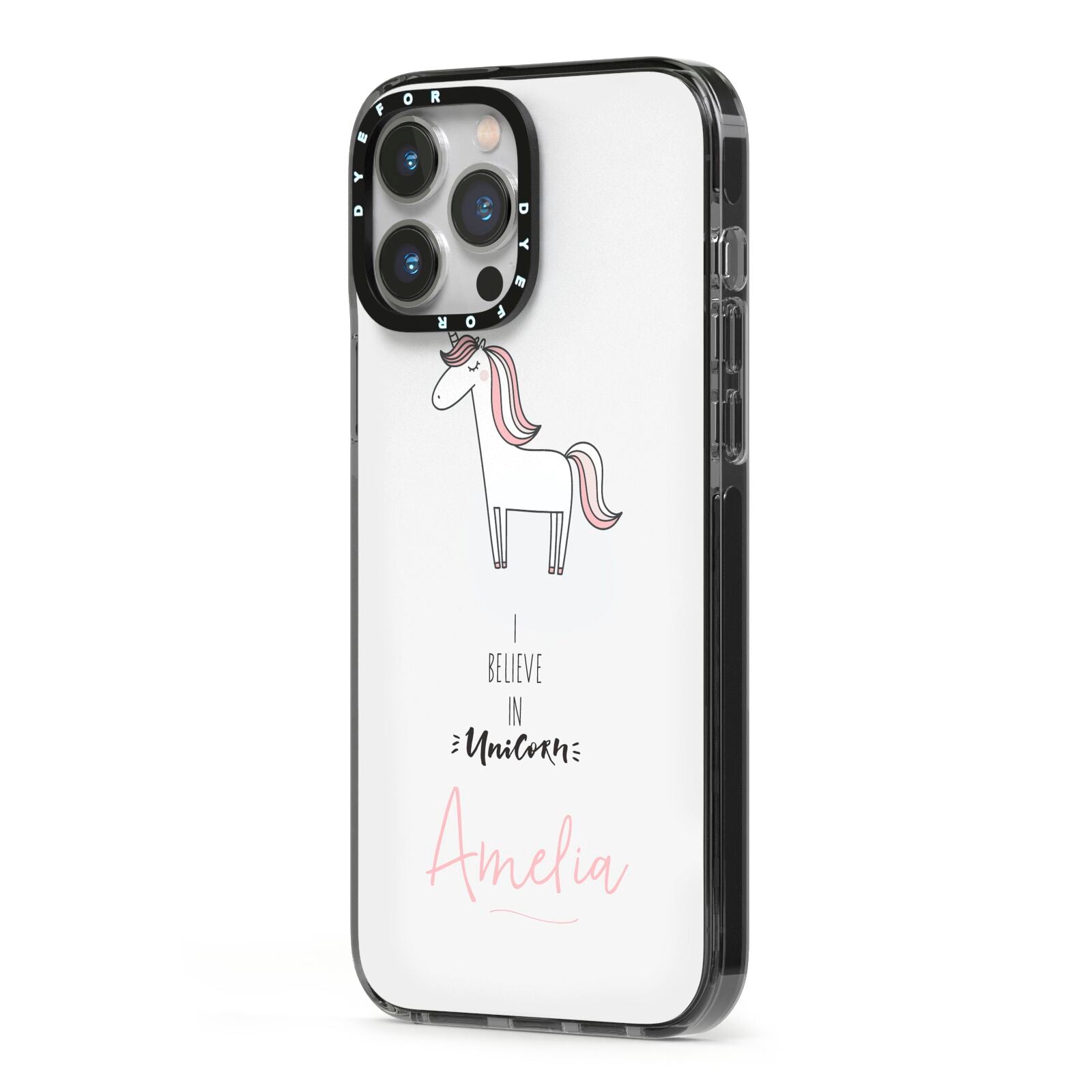 I Believe in Unicorn iPhone 13 Pro Max Black Impact Case Side Angle on Silver phone