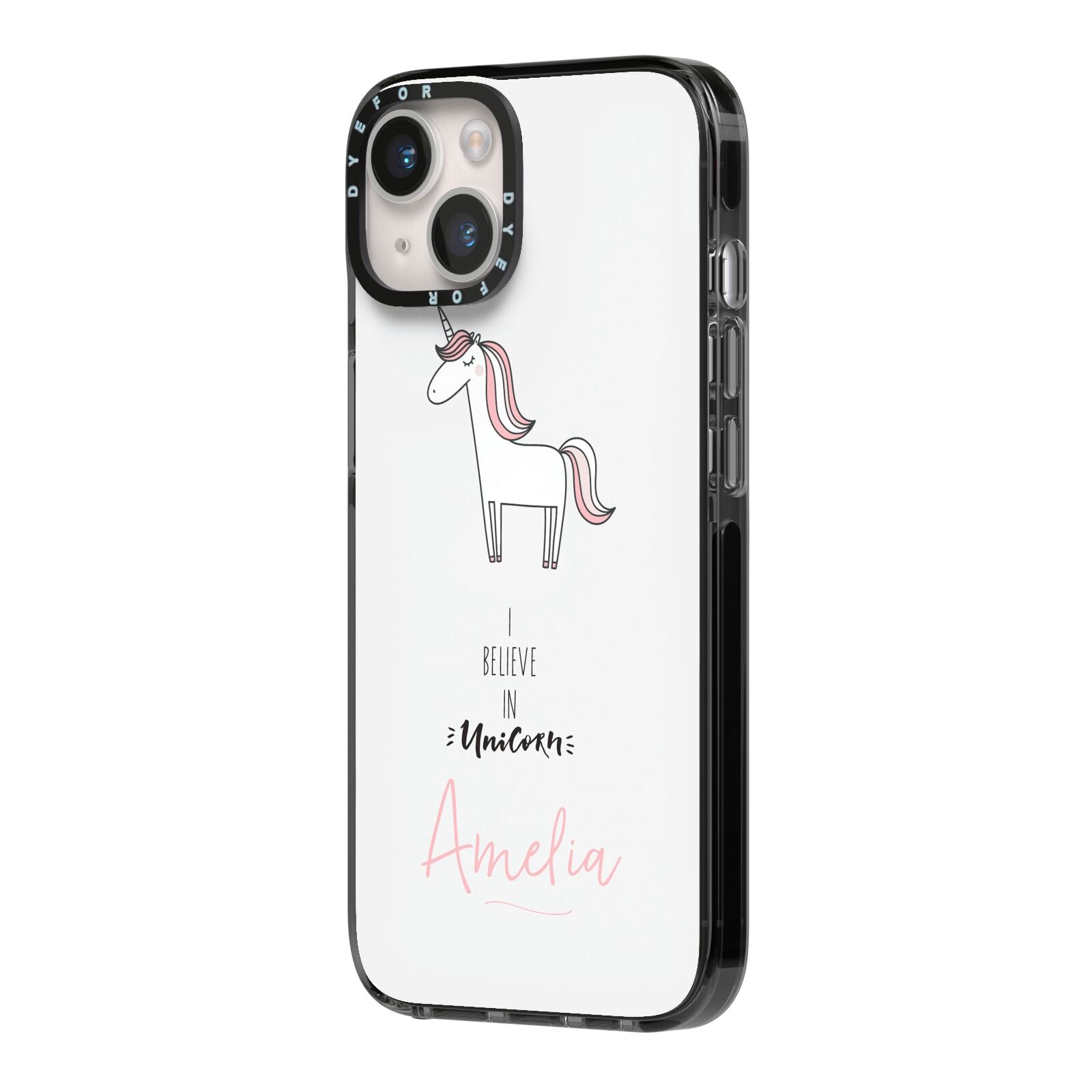 I Believe in Unicorn iPhone 14 Black Impact Case Side Angle on Silver phone