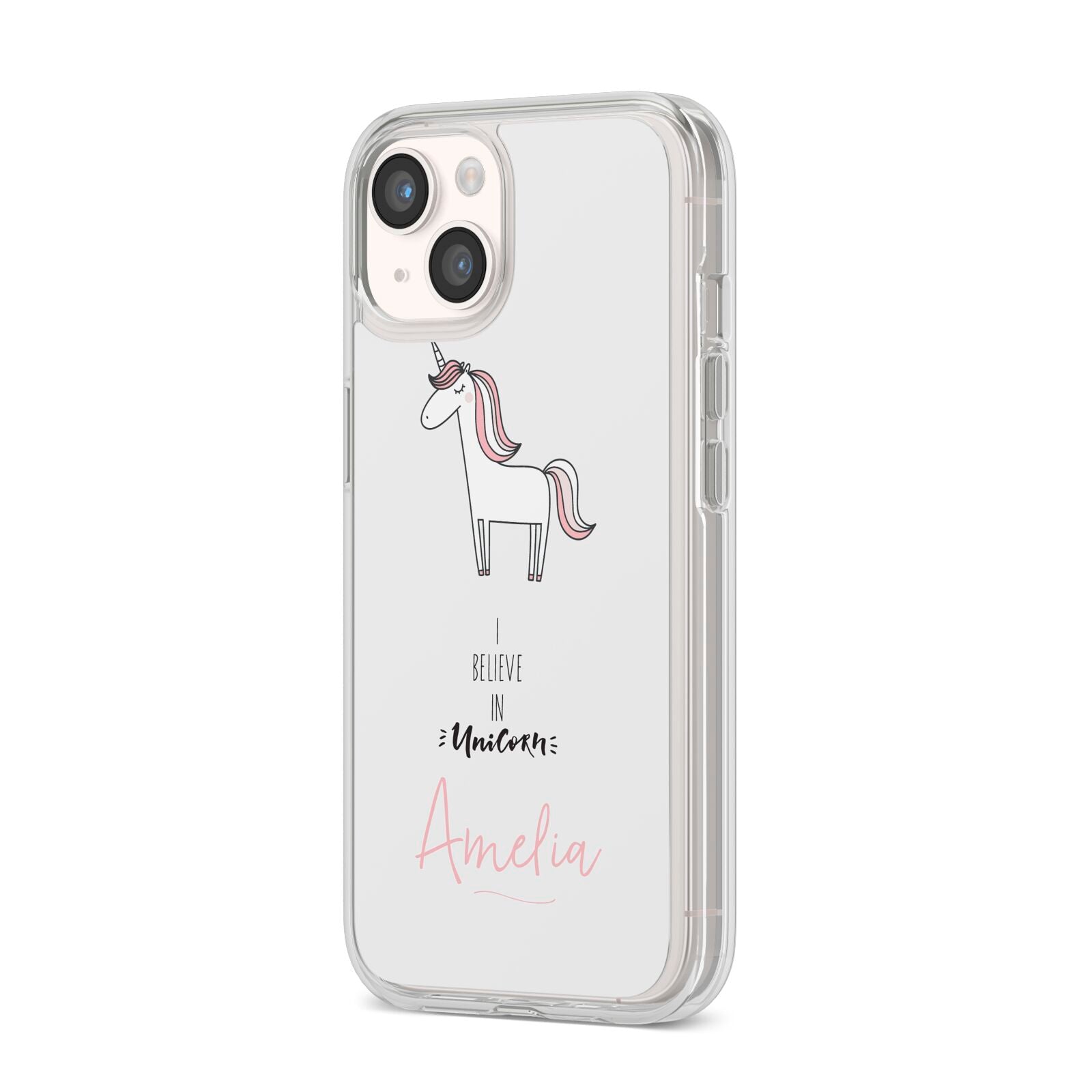 I Believe in Unicorn iPhone 14 Clear Tough Case Starlight Angled Image