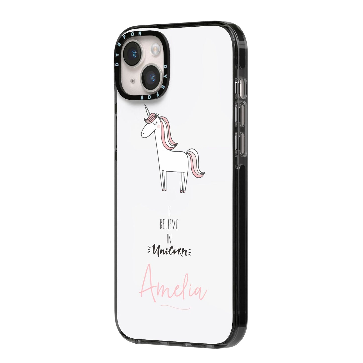 I Believe in Unicorn iPhone 14 Plus Black Impact Case Side Angle on Silver phone