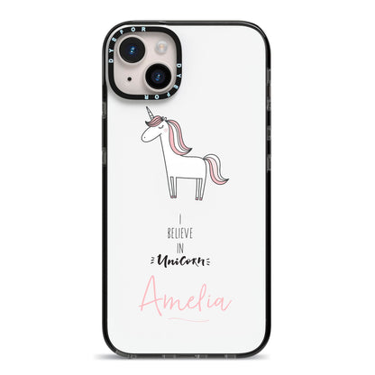 I Believe in Unicorn iPhone 14 Plus Black Impact Case on Silver phone