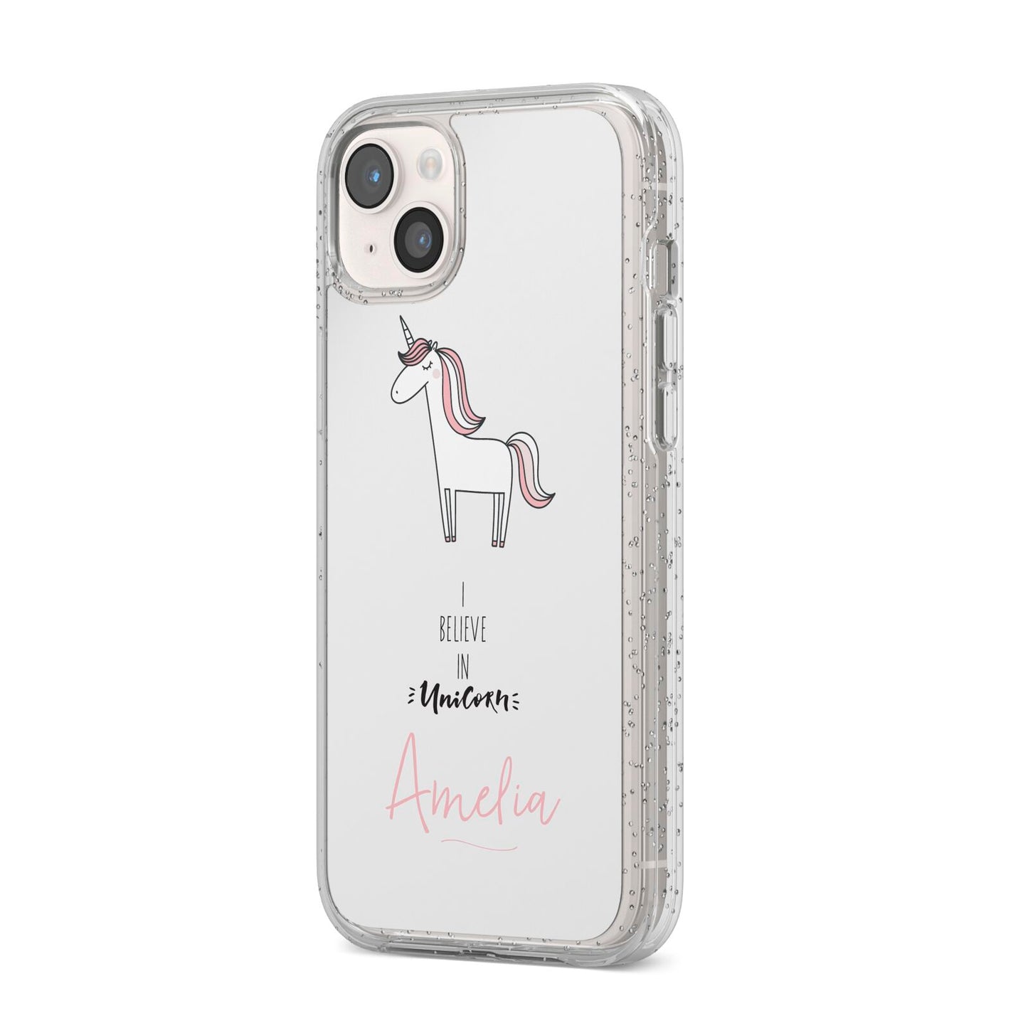I Believe in Unicorn iPhone 14 Plus Glitter Tough Case Starlight Angled Image