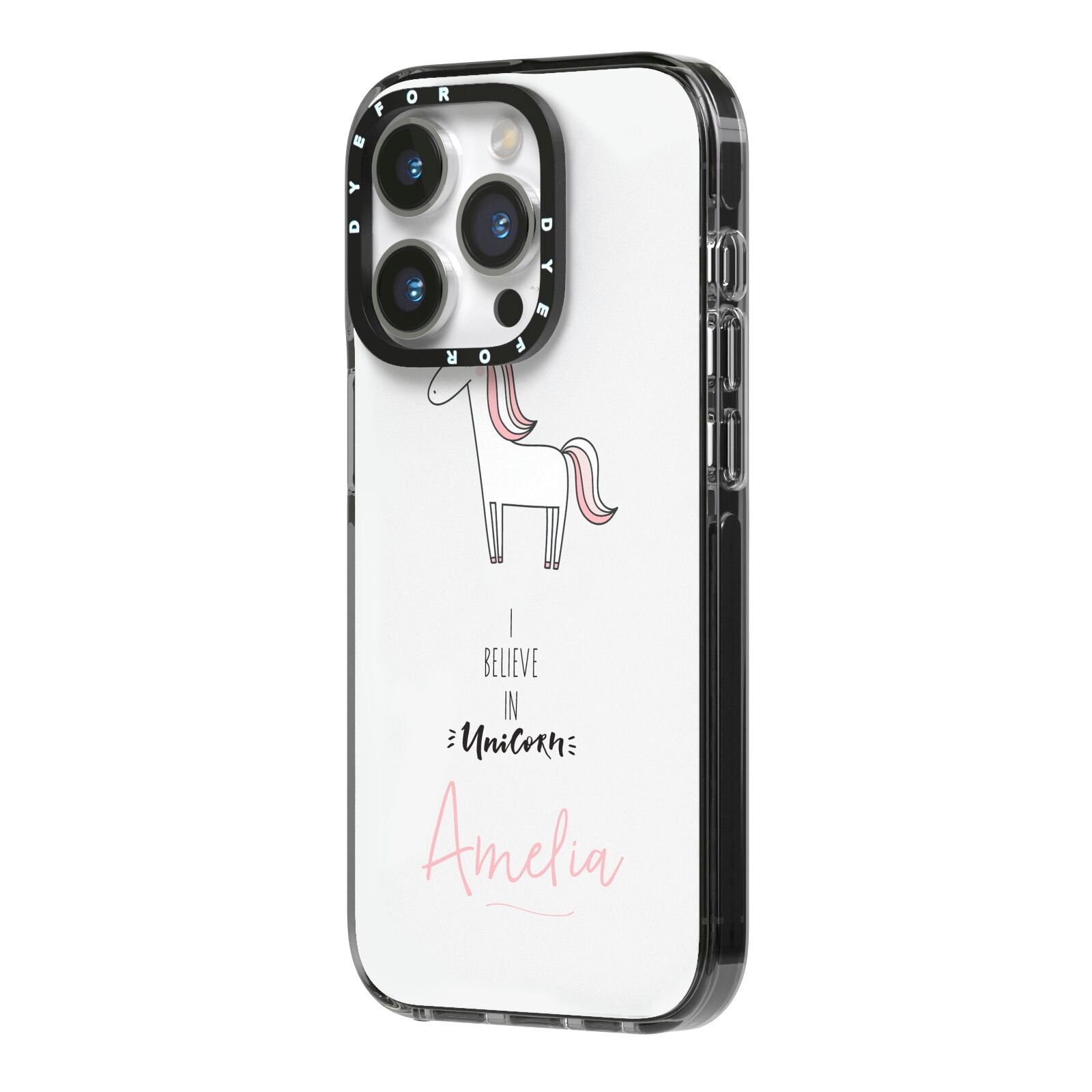 I Believe in Unicorn iPhone 14 Pro Black Impact Case Side Angle on Silver phone