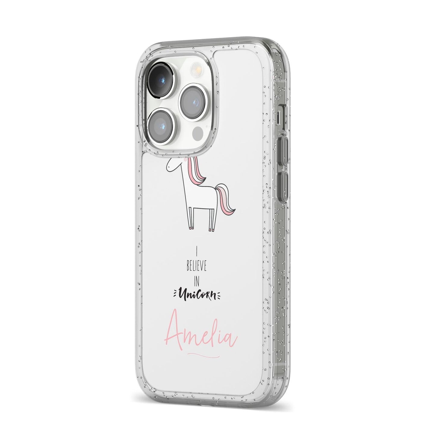 I Believe in Unicorn iPhone 14 Pro Glitter Tough Case Silver Angled Image
