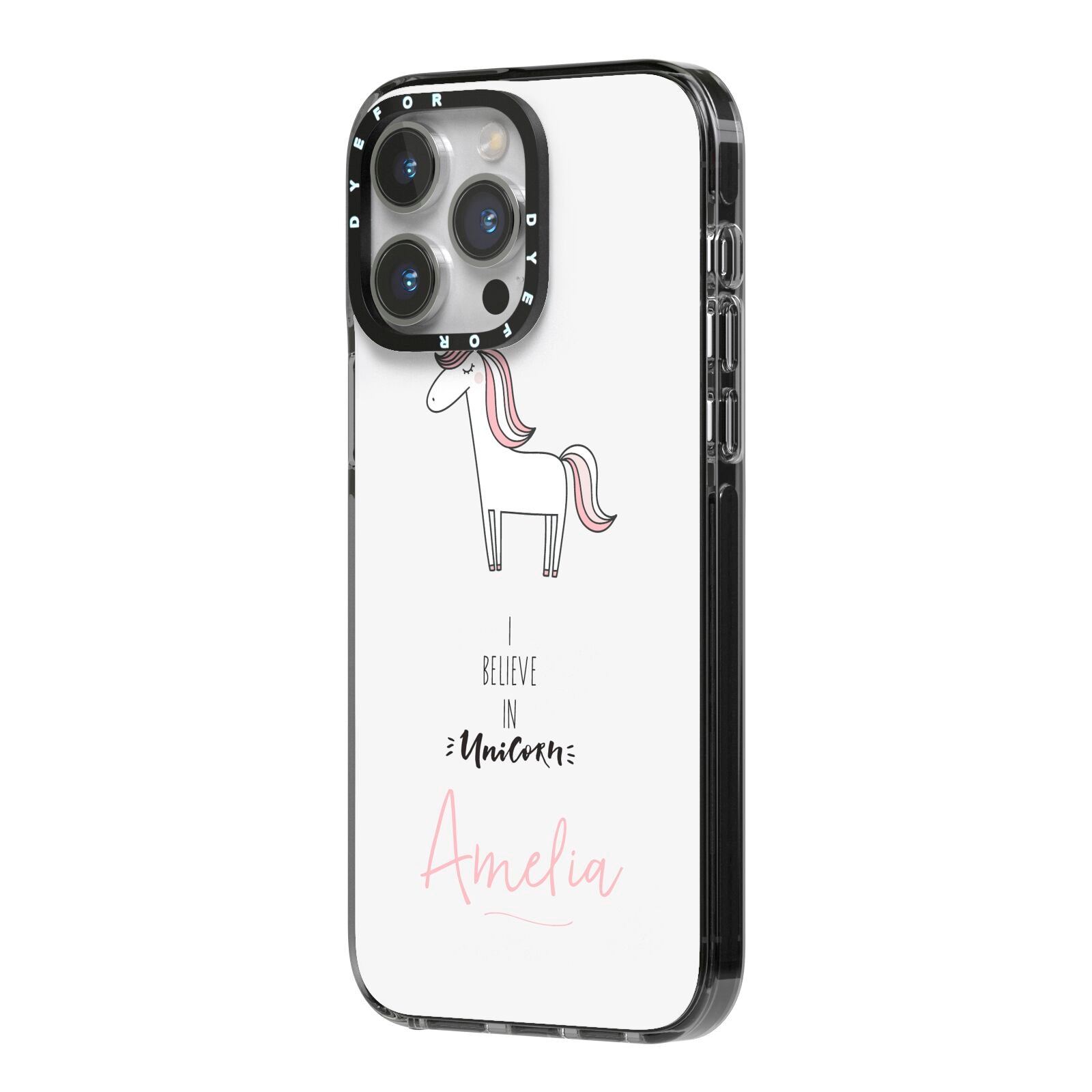 I Believe in Unicorn iPhone 14 Pro Max Black Impact Case Side Angle on Silver phone