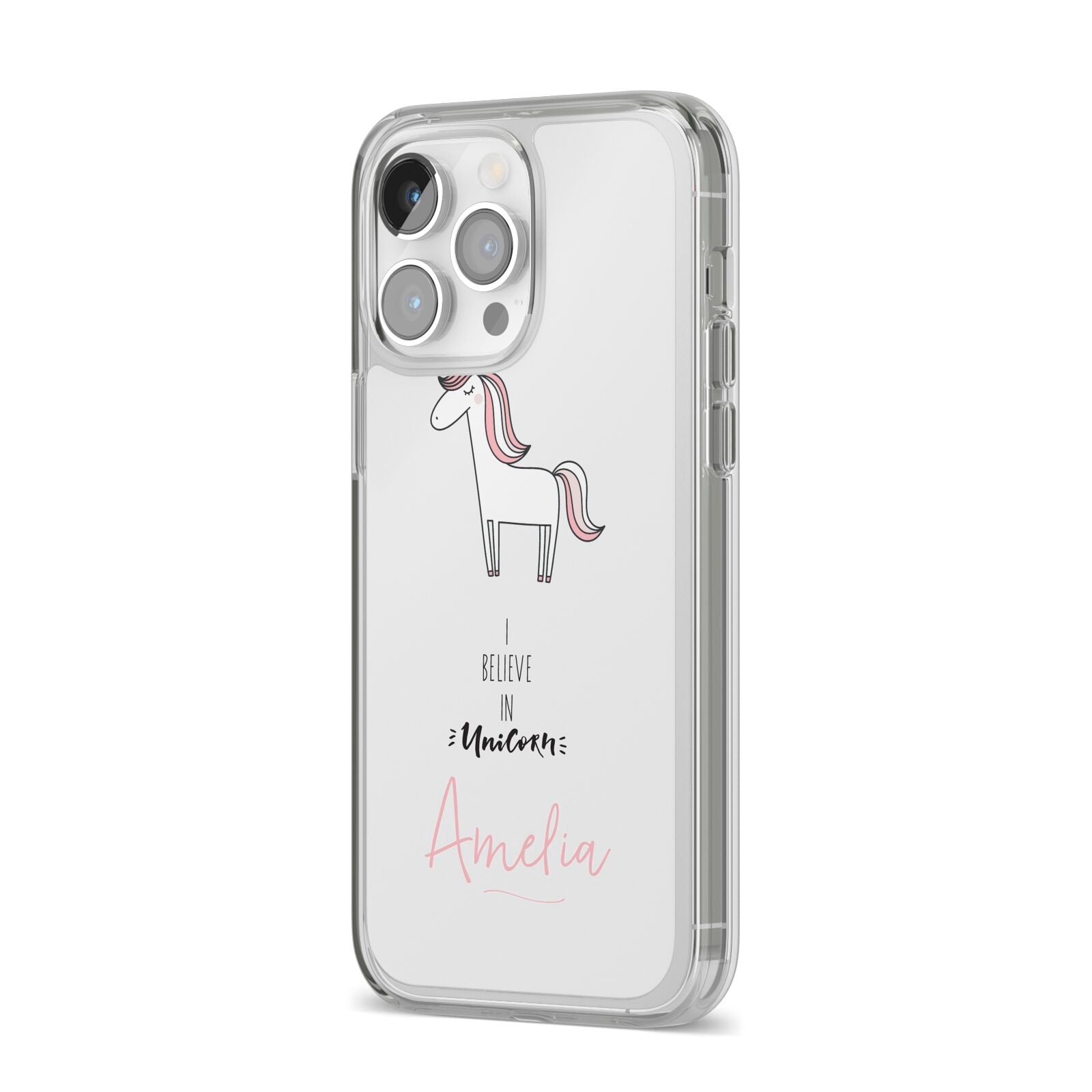 I Believe in Unicorn iPhone 14 Pro Max Clear Tough Case Silver Angled Image