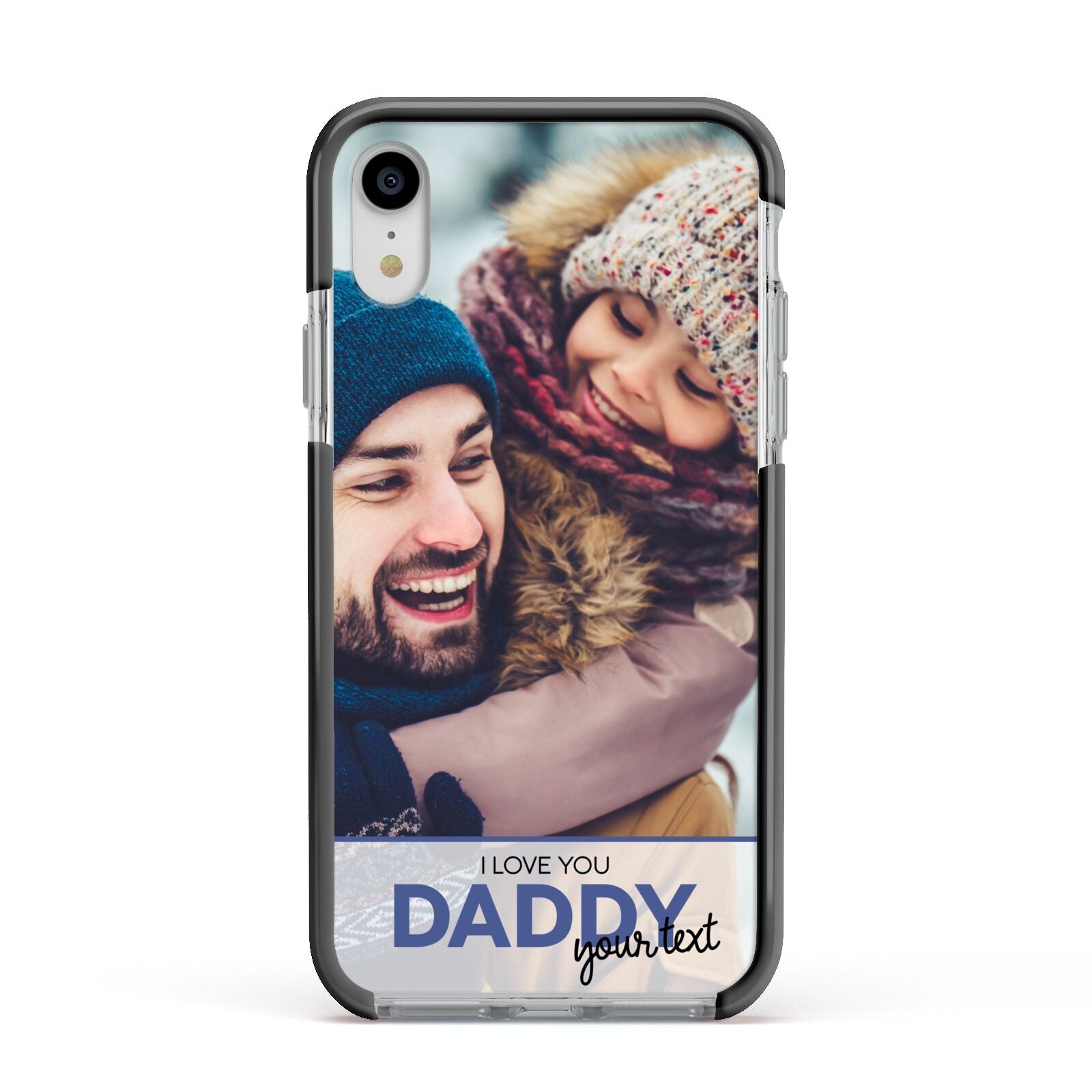 I Love You Daddy Personalised Photo Upload and Name Apple iPhone XR Impact Case Black Edge on Silver Phone