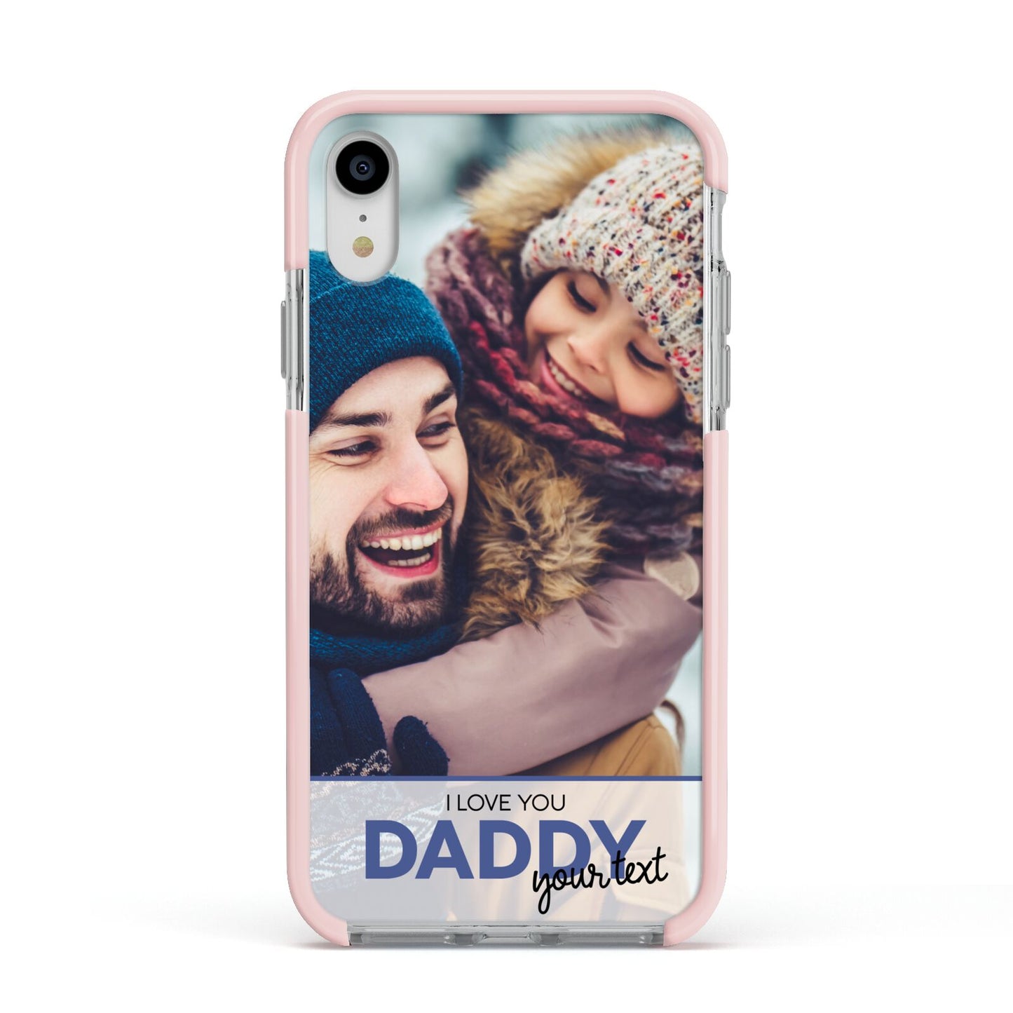 I Love You Daddy Personalised Photo Upload and Name Apple iPhone XR Impact Case Pink Edge on Silver Phone