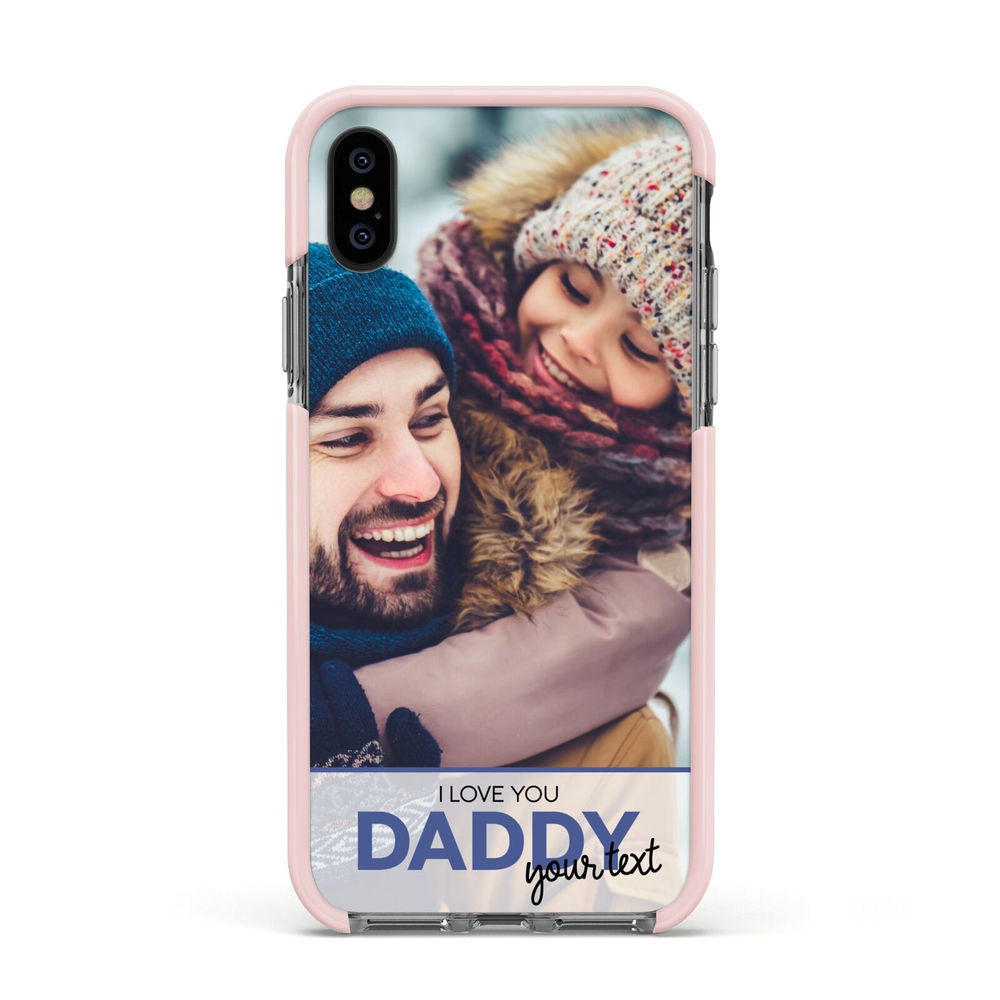 I Love You Daddy Personalised Photo Upload and Name Apple iPhone Xs Impact Case Pink Edge on Black Phone