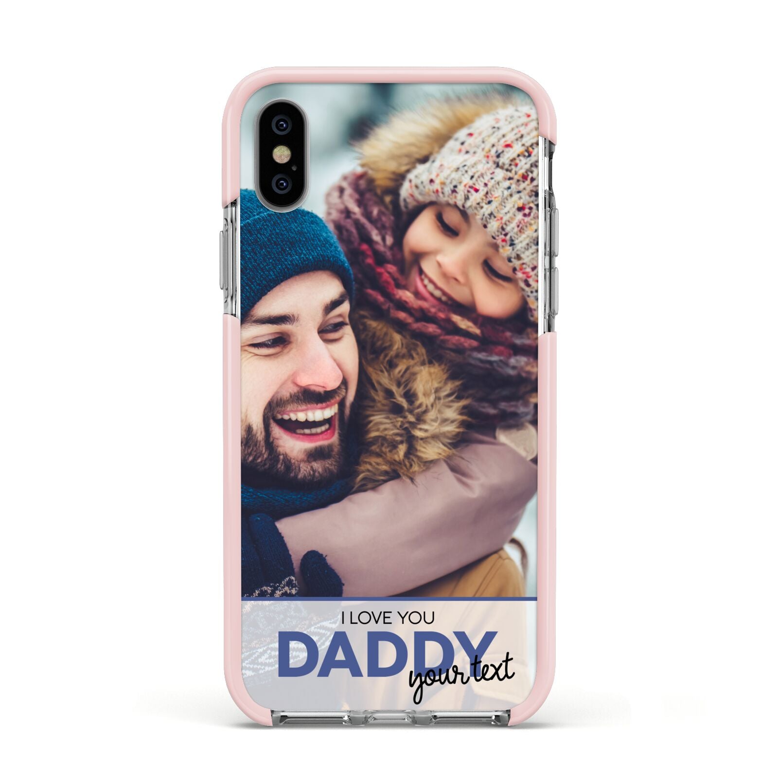 I Love You Daddy Personalised Photo Upload and Name Apple iPhone Xs Impact Case Pink Edge on Silver Phone