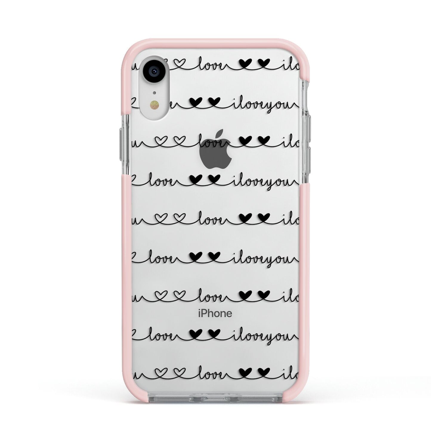 I Love You Repeat Apple iPhone XR Impact Case Pink Edge on Silver Phone