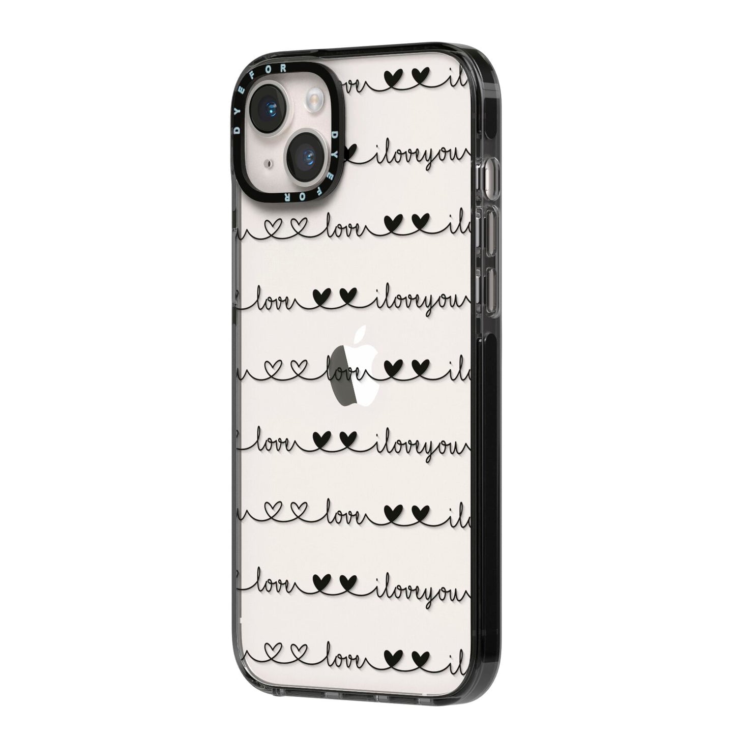 I Love You Repeat iPhone 14 Plus Black Impact Case Side Angle on Silver phone
