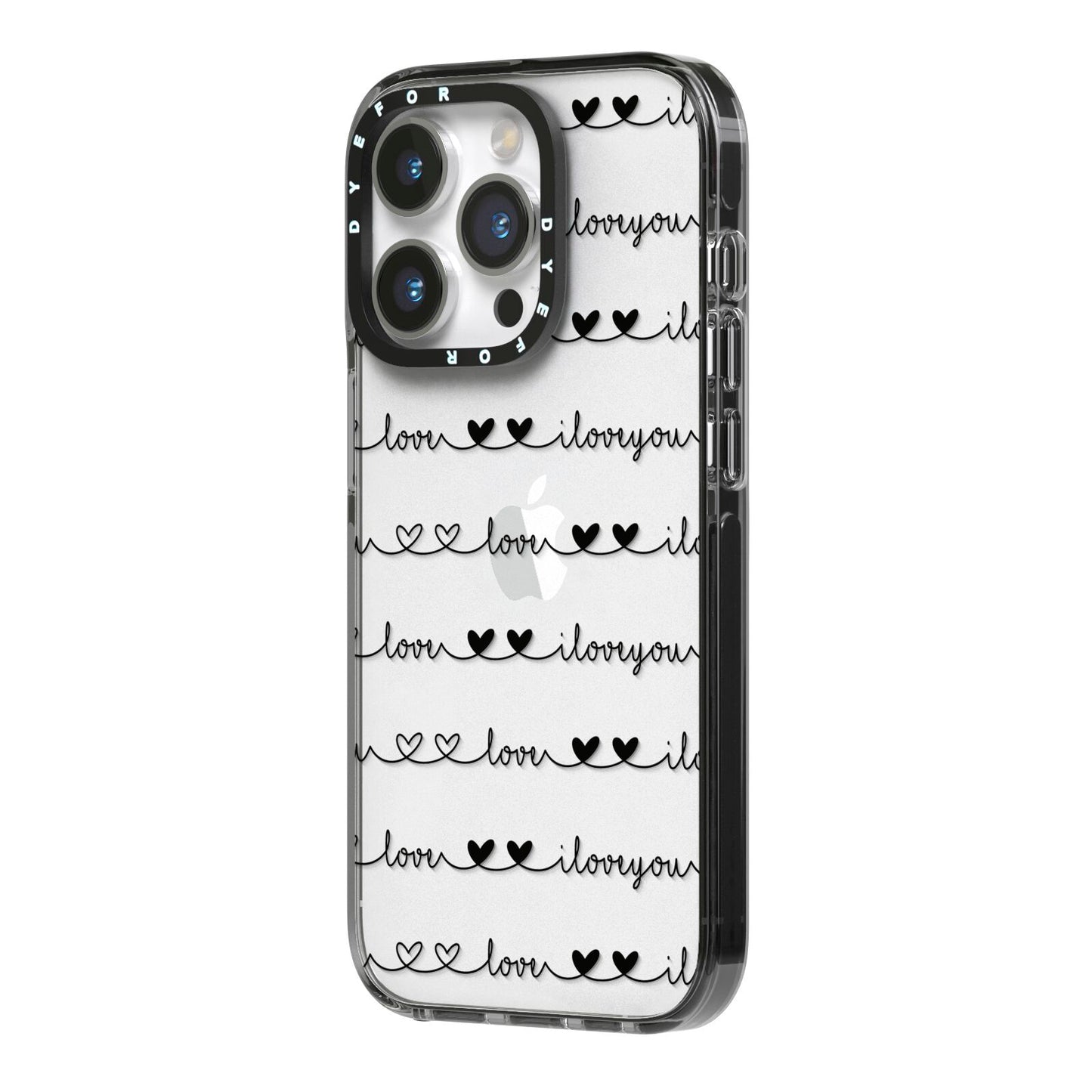 I Love You Repeat iPhone 14 Pro Black Impact Case Side Angle on Silver phone