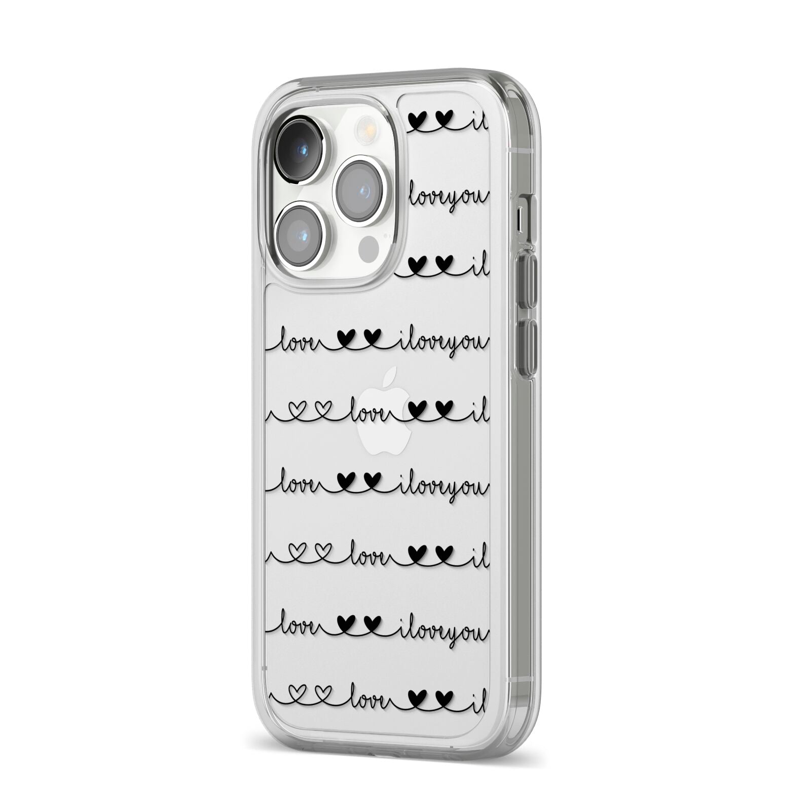 I Love You Repeat iPhone 14 Pro Clear Tough Case Silver Angled Image