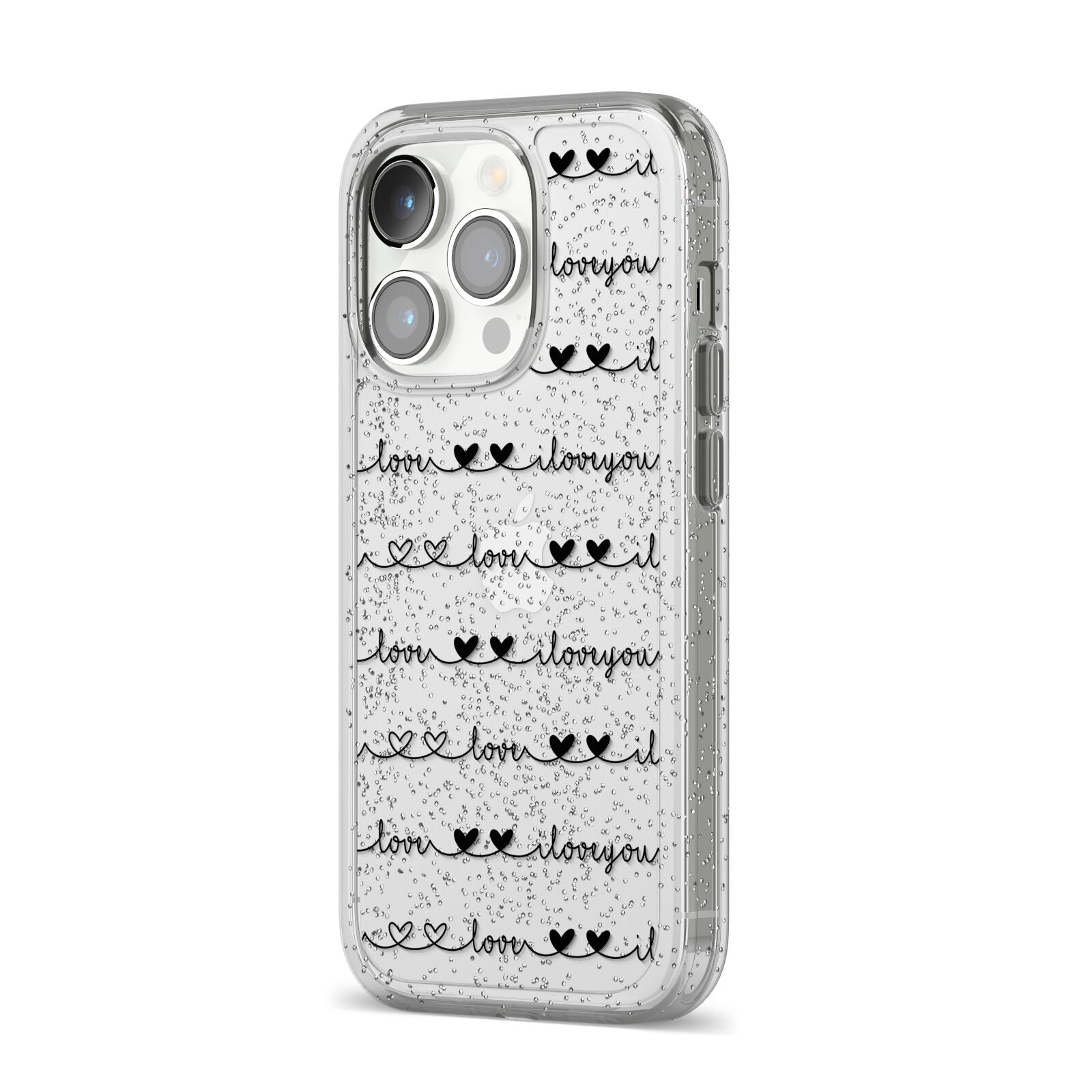 I Love You Repeat iPhone 14 Pro Glitter Tough Case Silver Angled Image