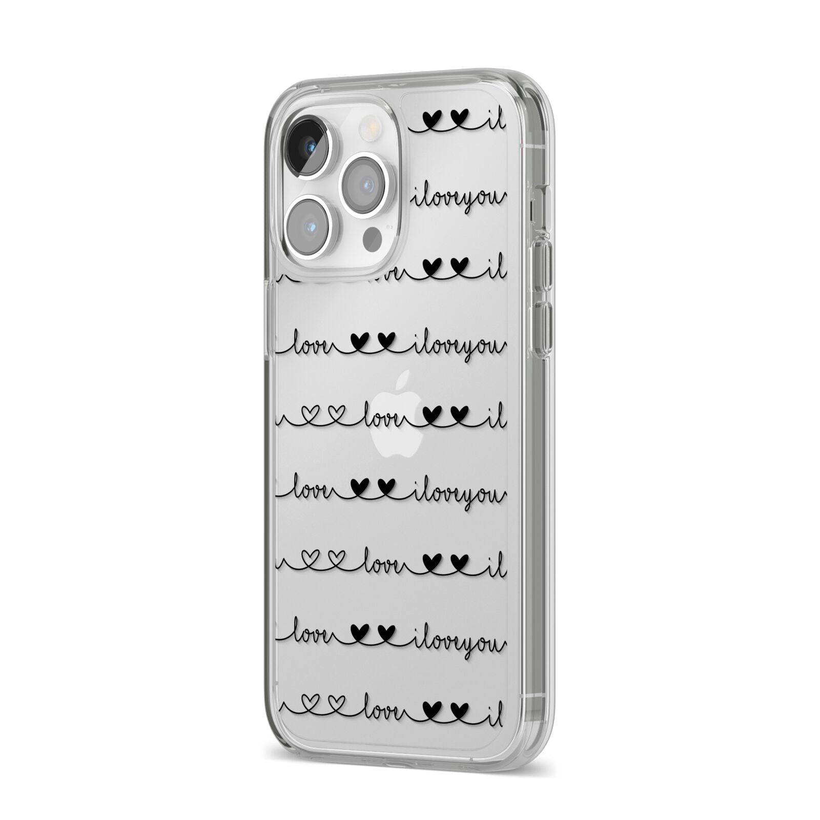 I Love You Repeat iPhone 14 Pro Max Clear Tough Case Silver Angled Image