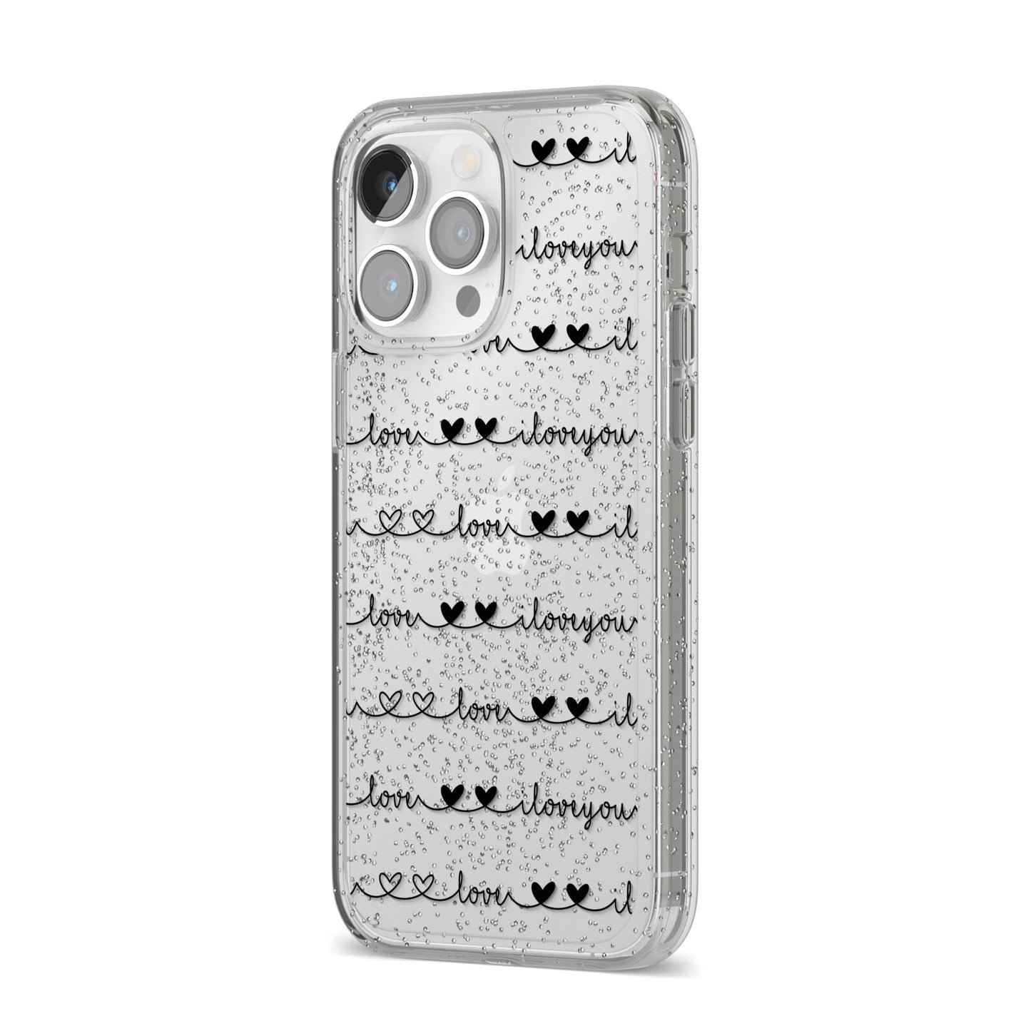 I Love You Repeat iPhone 14 Pro Max Glitter Tough Case Silver Angled Image