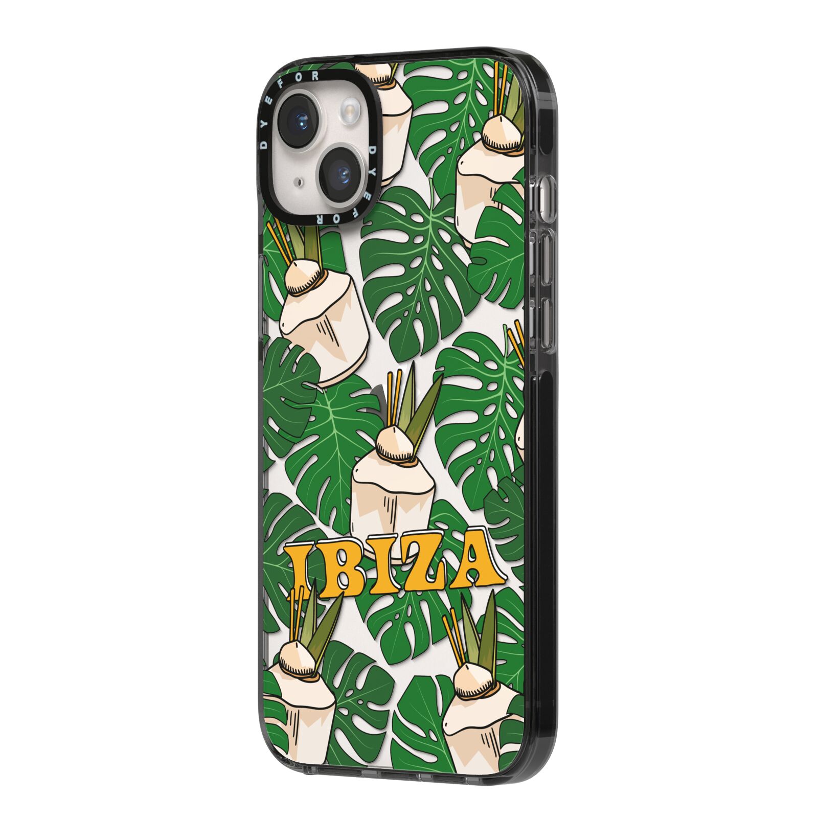 Ibiza iPhone 14 Plus Black Impact Case Side Angle on Silver phone