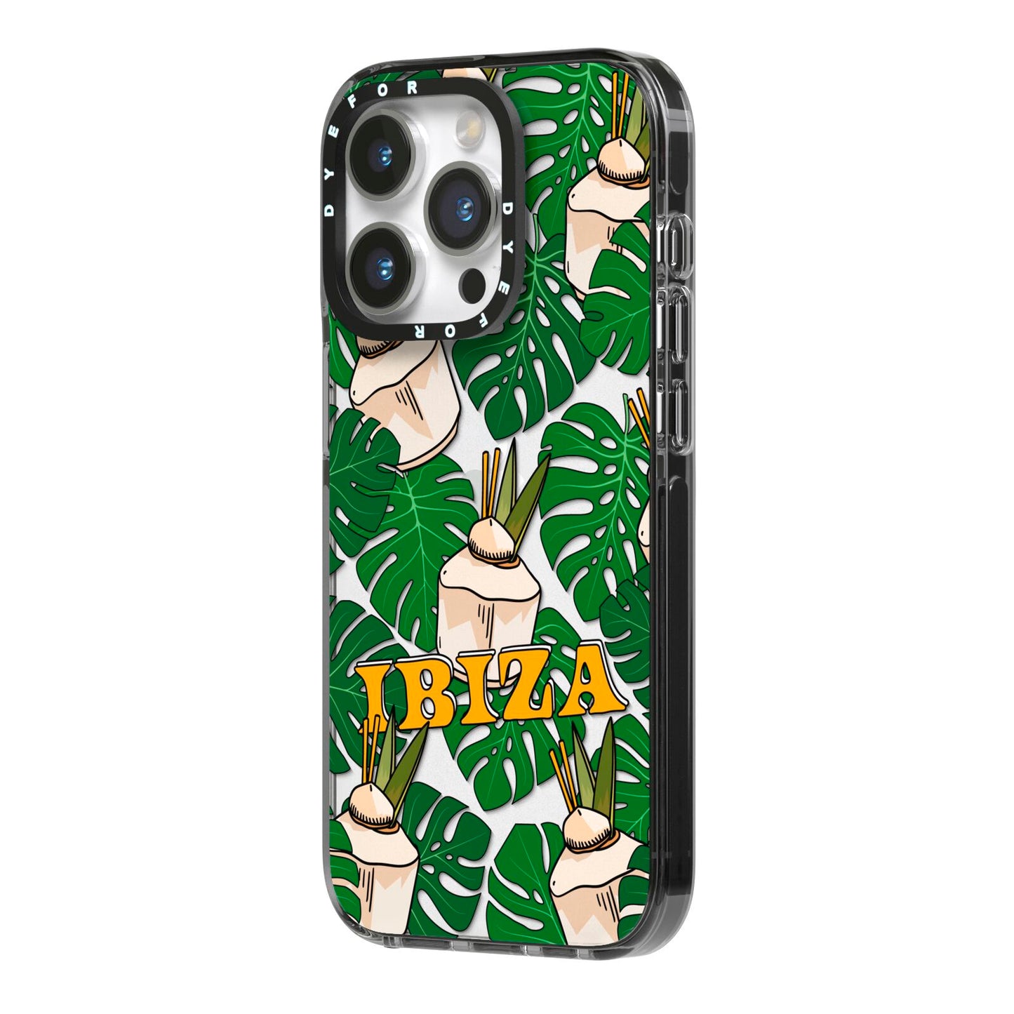 Ibiza iPhone 14 Pro Black Impact Case Side Angle on Silver phone