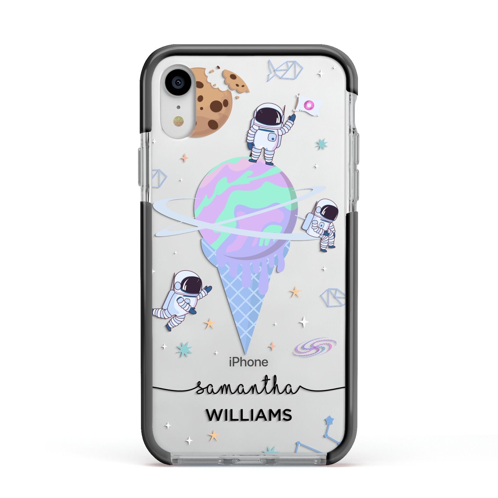 Ice Cream Planets with Name Apple iPhone XR Impact Case Black Edge on Silver Phone