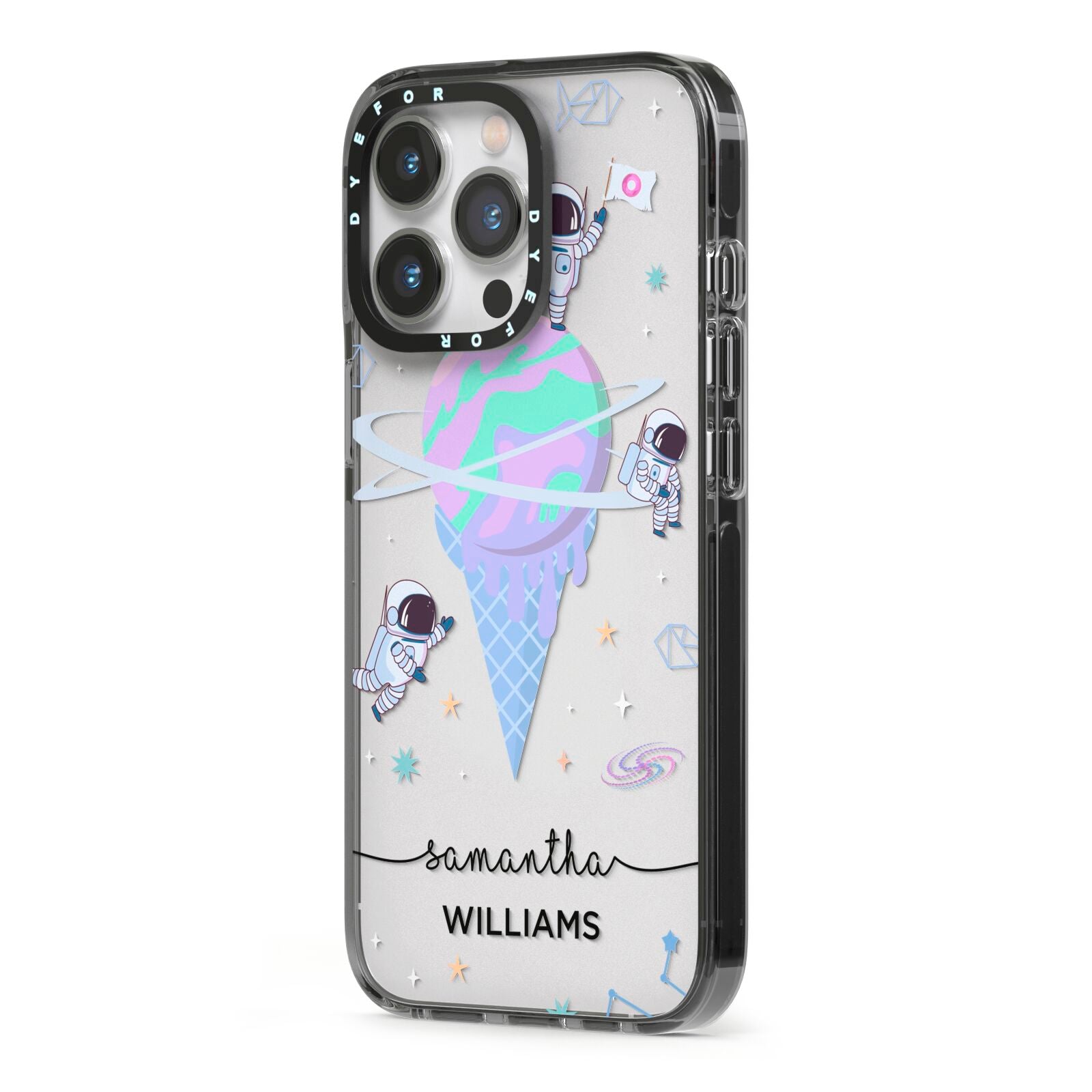Ice Cream Planets with Name iPhone 13 Pro Black Impact Case Side Angle on Silver phone