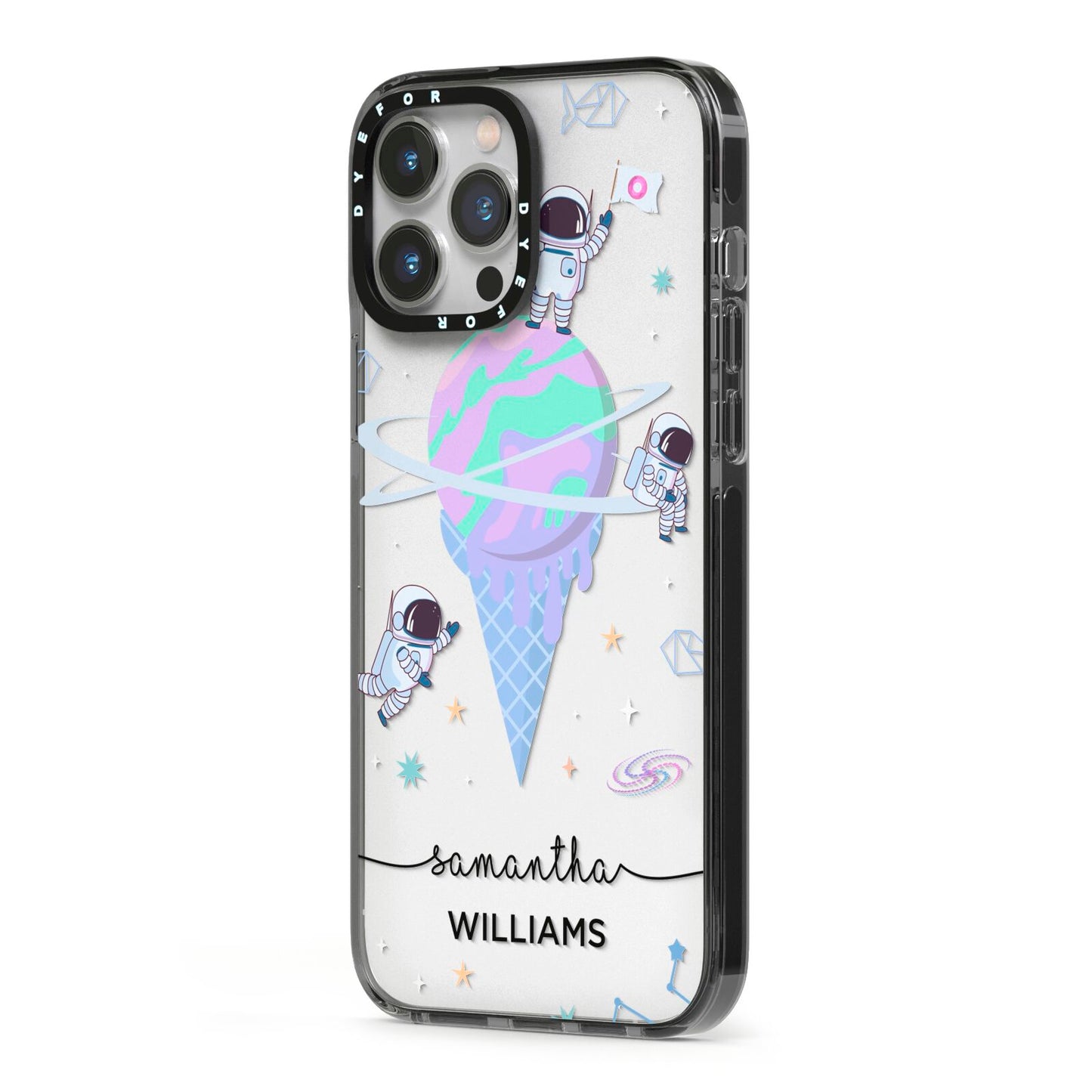 Ice Cream Planets with Name iPhone 13 Pro Max Black Impact Case Side Angle on Silver phone