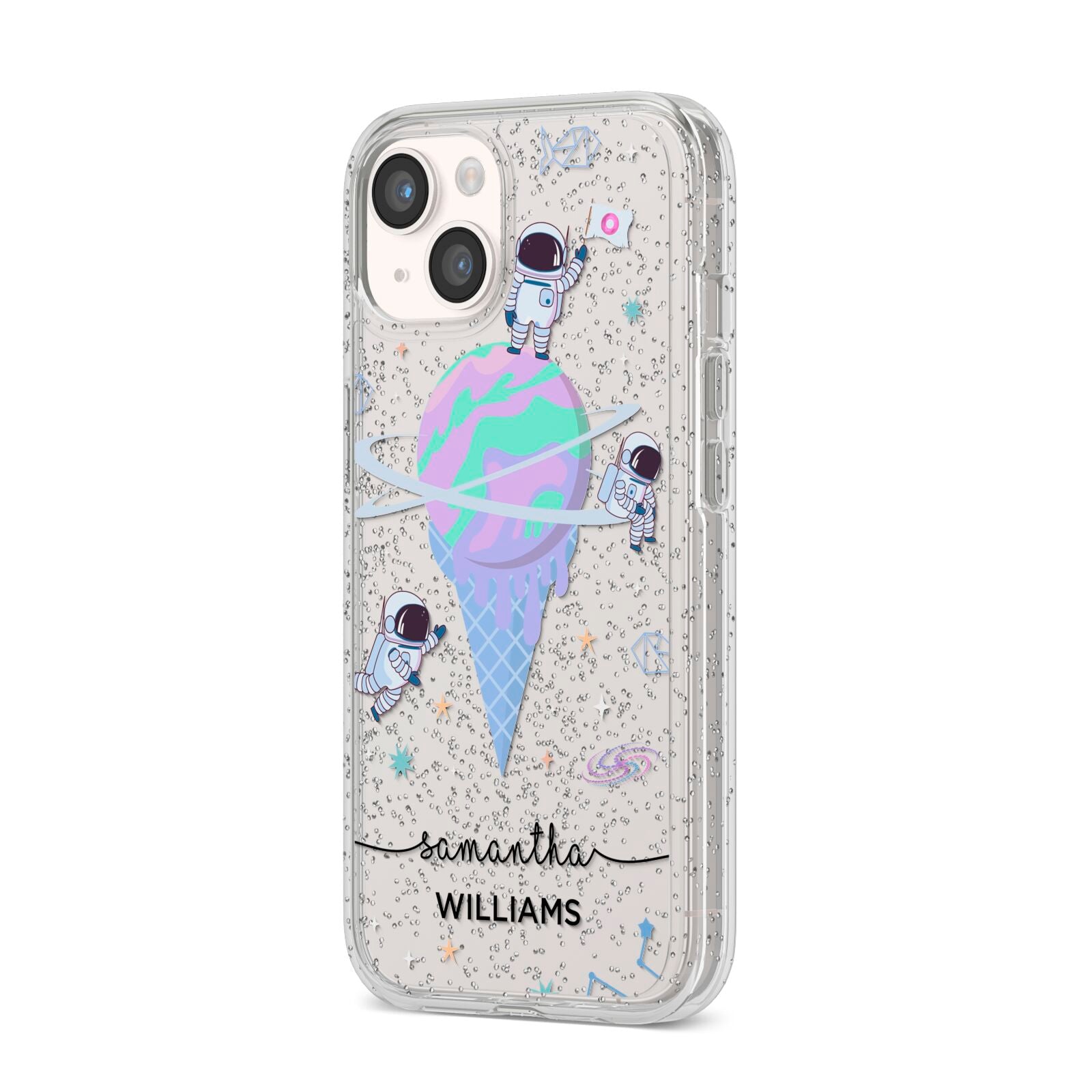 Ice Cream Planets with Name iPhone 14 Glitter Tough Case Starlight Angled Image
