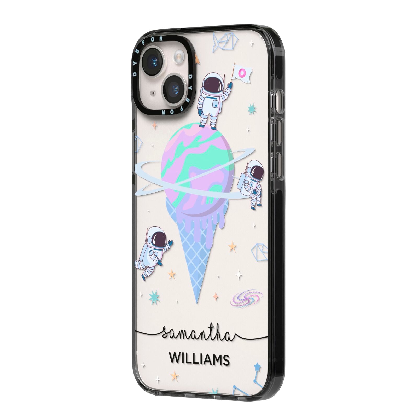 Ice Cream Planets with Name iPhone 14 Plus Black Impact Case Side Angle on Silver phone
