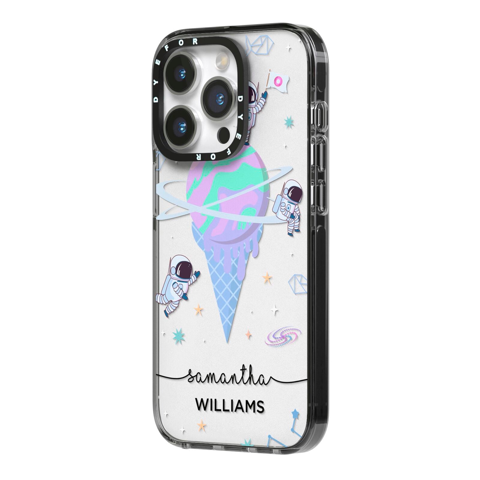 Ice Cream Planets with Name iPhone 14 Pro Black Impact Case Side Angle on Silver phone