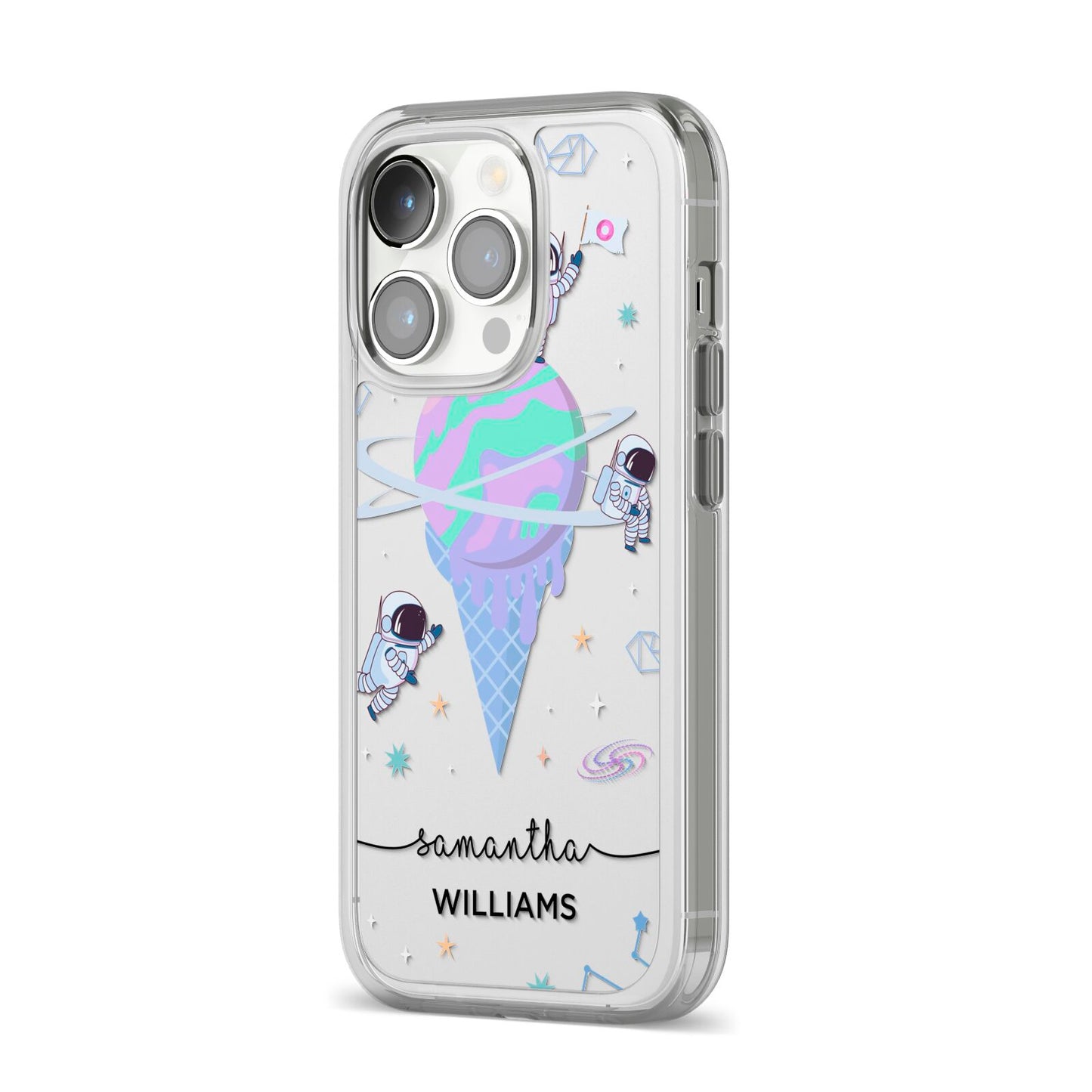 Ice Cream Planets with Name iPhone 14 Pro Clear Tough Case Silver Angled Image