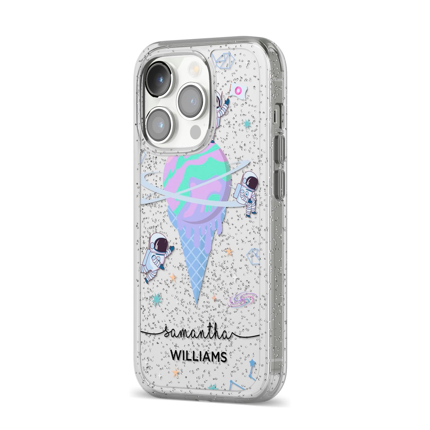 Ice Cream Planets with Name iPhone 14 Pro Glitter Tough Case Silver Angled Image