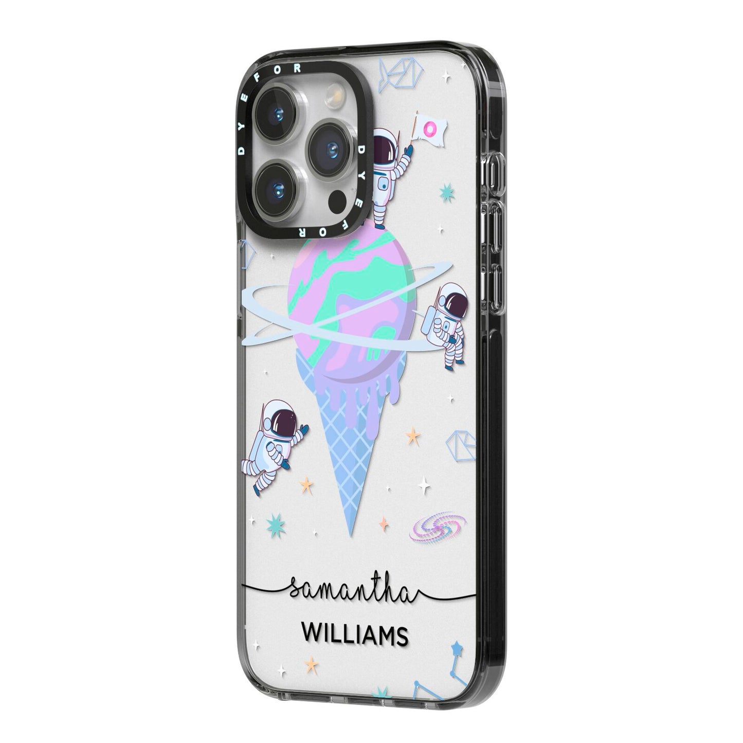 Ice Cream Planets with Name iPhone 14 Pro Max Black Impact Case Side Angle on Silver phone