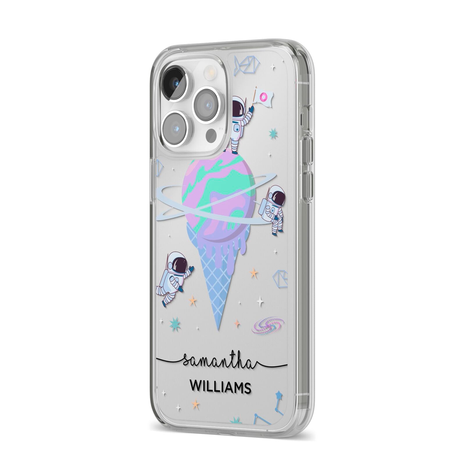 Ice Cream Planets with Name iPhone 14 Pro Max Clear Tough Case Silver Angled Image