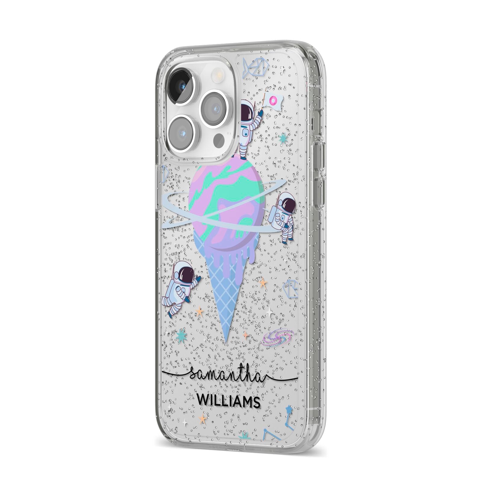 Ice Cream Planets with Name iPhone 14 Pro Max Glitter Tough Case Silver Angled Image
