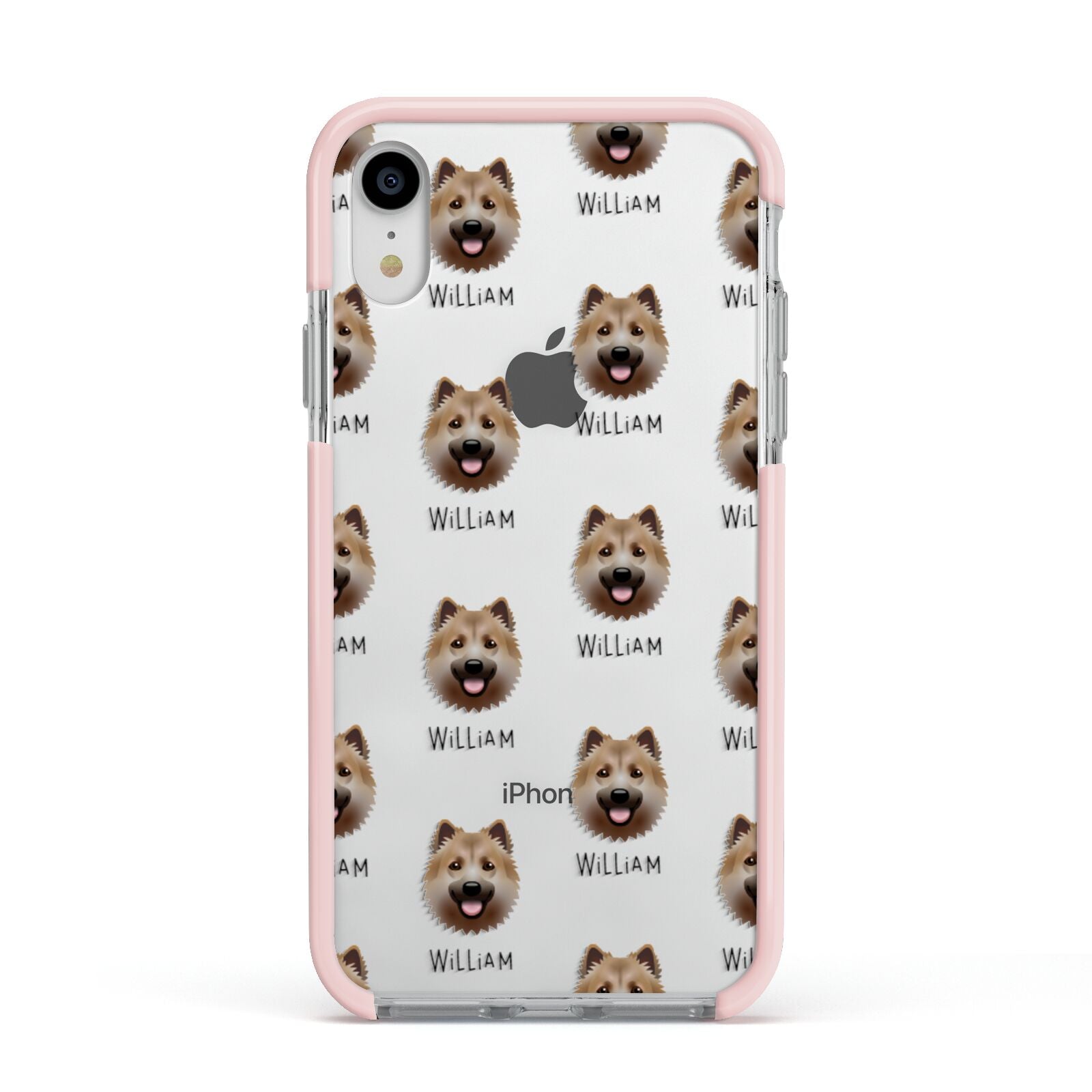 Icelandic Sheepdog Icon with Name Apple iPhone XR Impact Case Pink Edge on Silver Phone