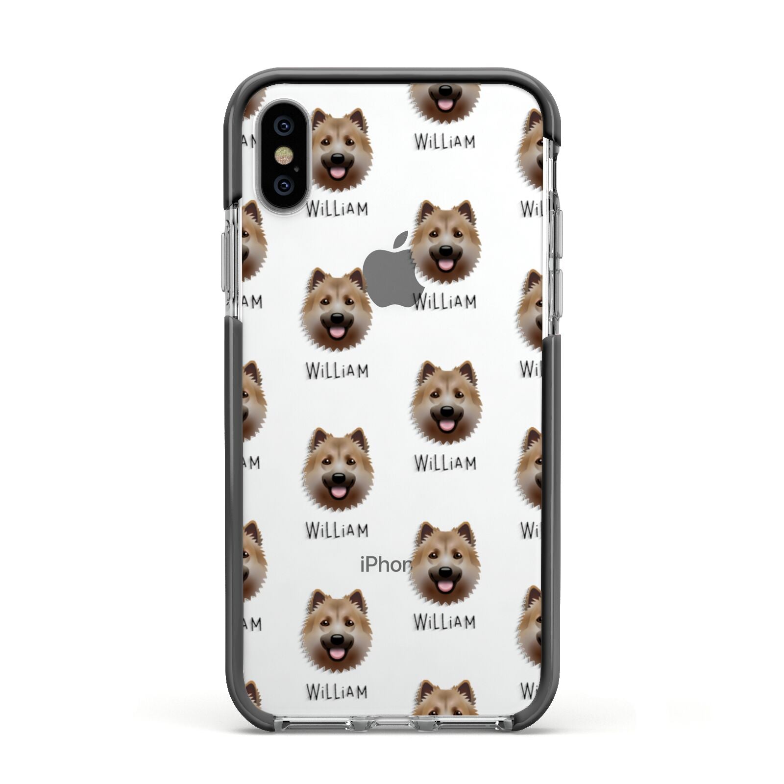 Icelandic Sheepdog Icon with Name Apple iPhone Xs Impact Case Black Edge on Silver Phone