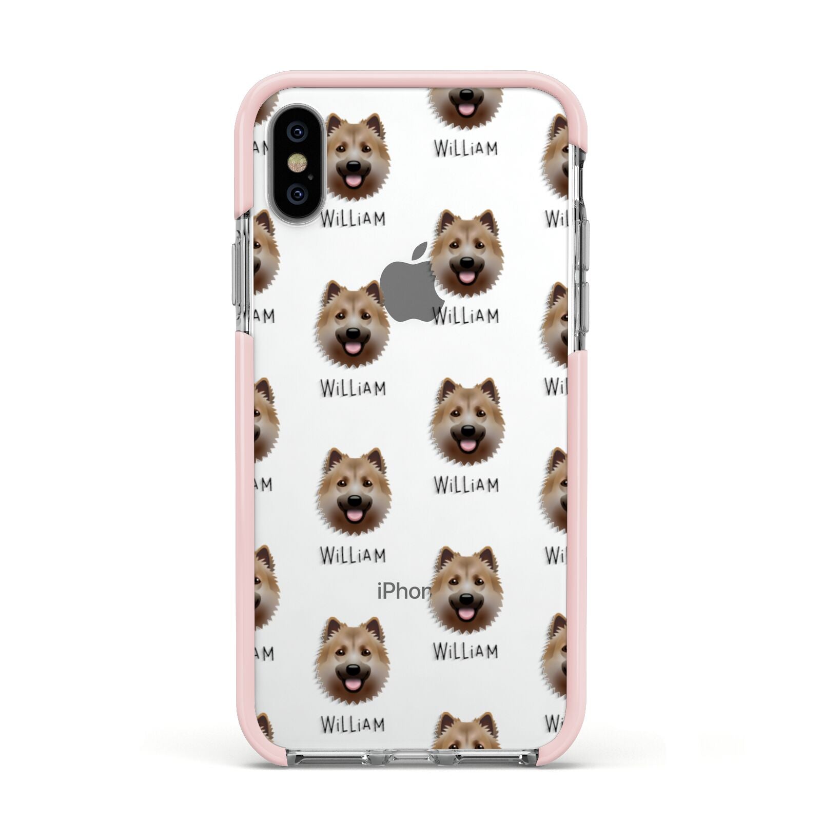 Icelandic Sheepdog Icon with Name Apple iPhone Xs Impact Case Pink Edge on Silver Phone
