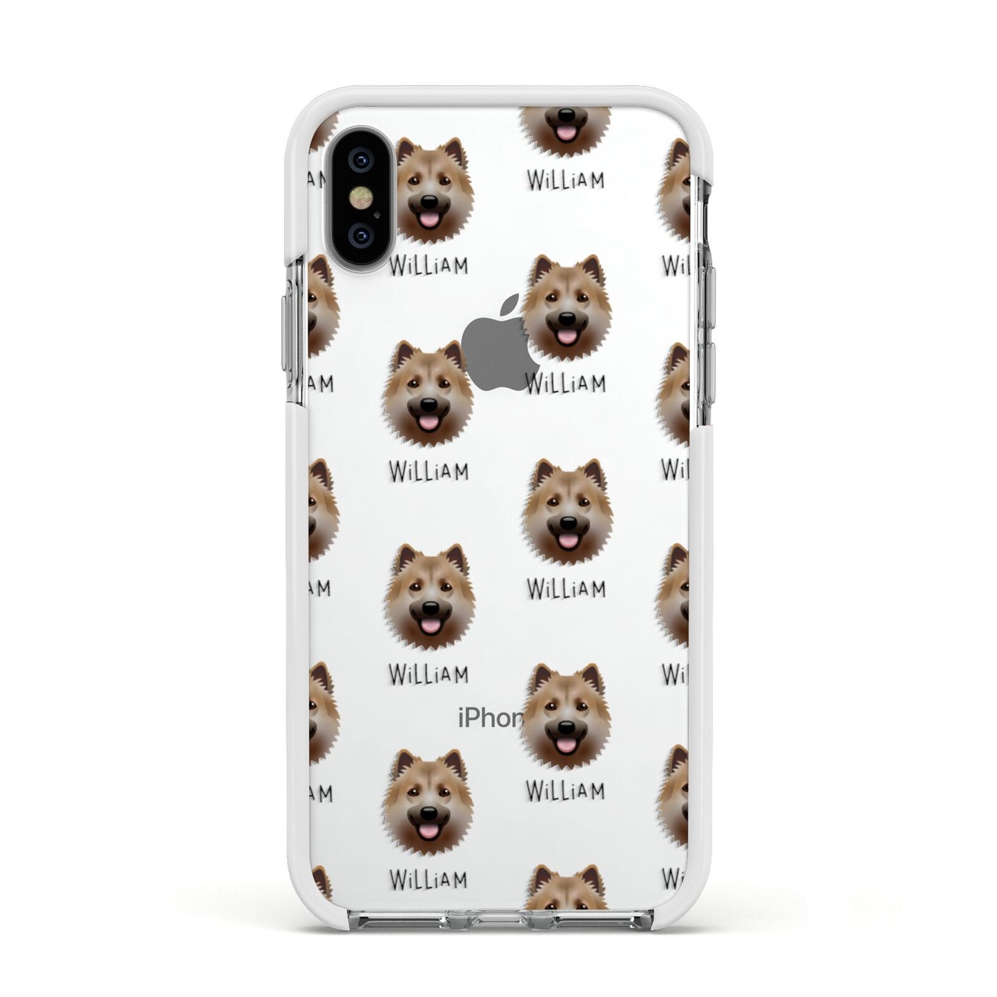 Icelandic Sheepdog Icon with Name Apple iPhone Xs Impact Case White Edge on Silver Phone